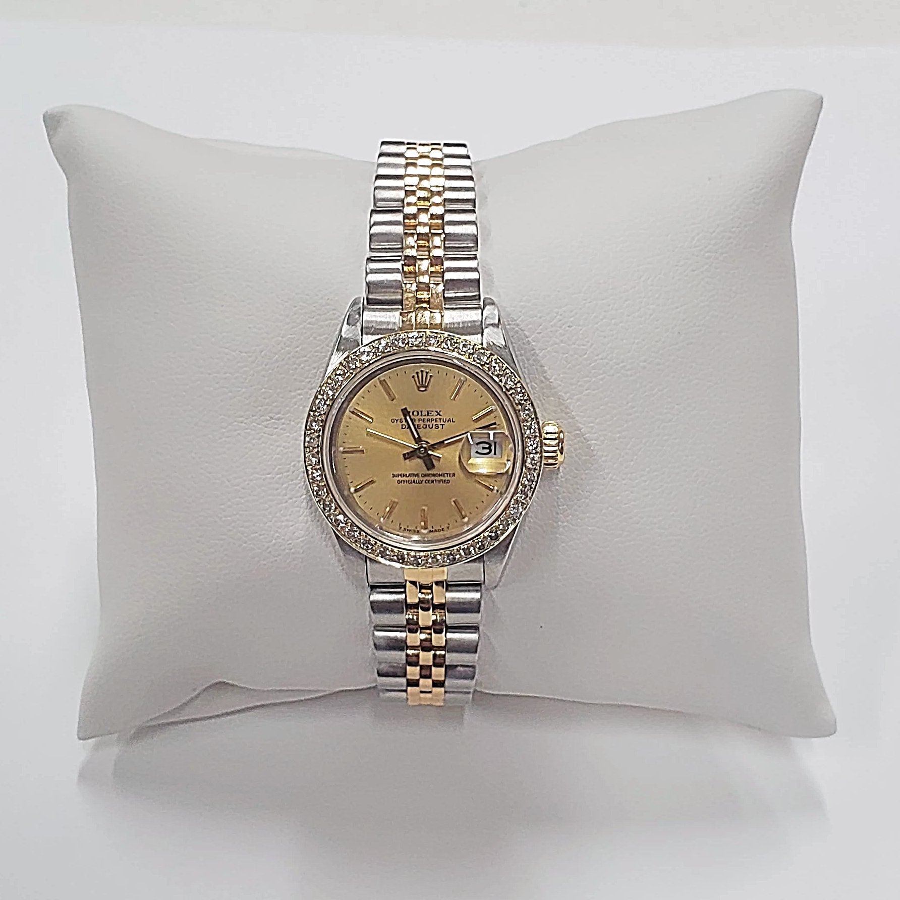 Ladies Rolex 26mm DateJust Two Tone 18K Gold Watch with Champagne Dial and Custom Diamond Bezel. (Pre-Owned)