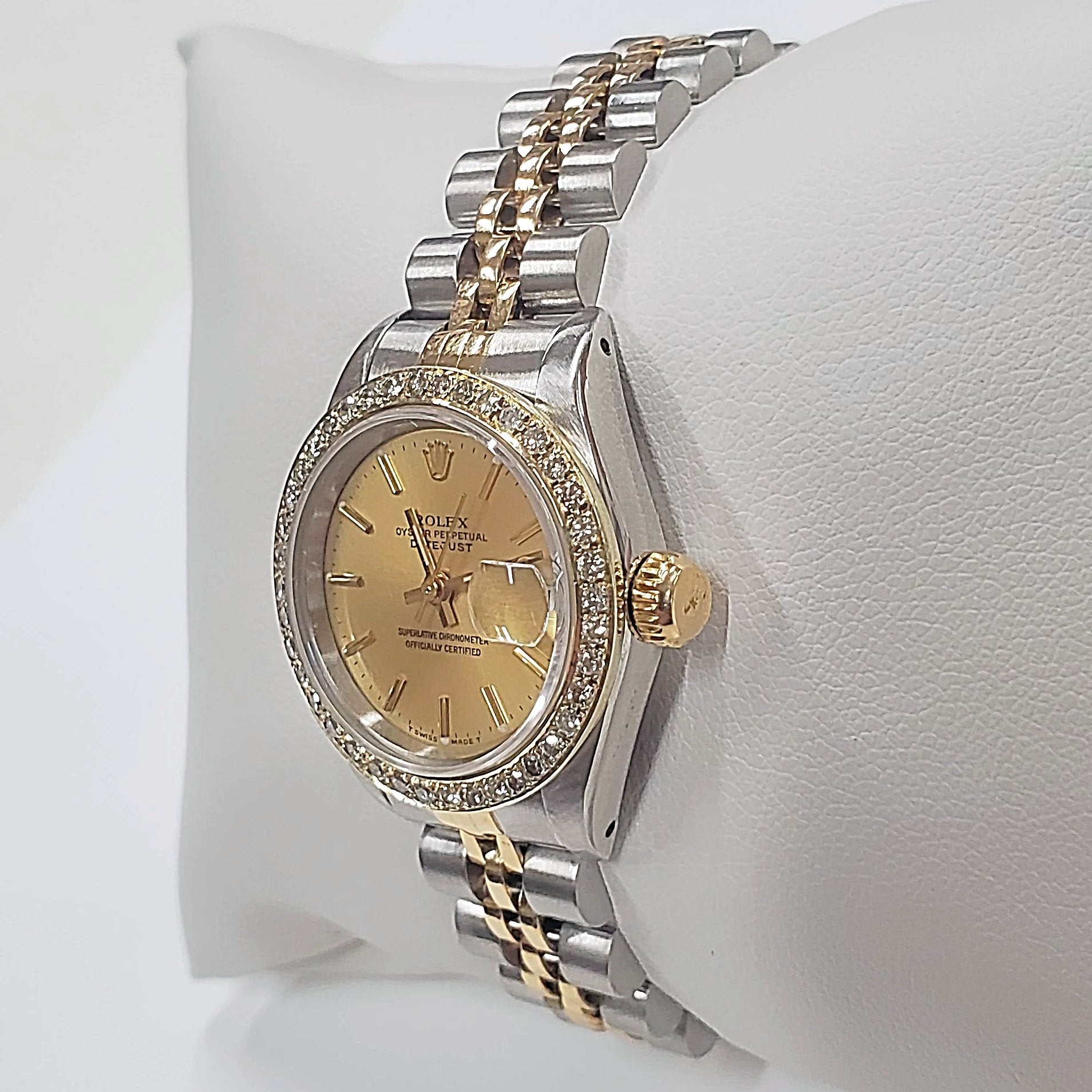 Women's Rolex 26mm DateJust Two-Tone 18K Gold Watch with Champagne Dial and Custom Diamond Bezel. (Pre-Owned)