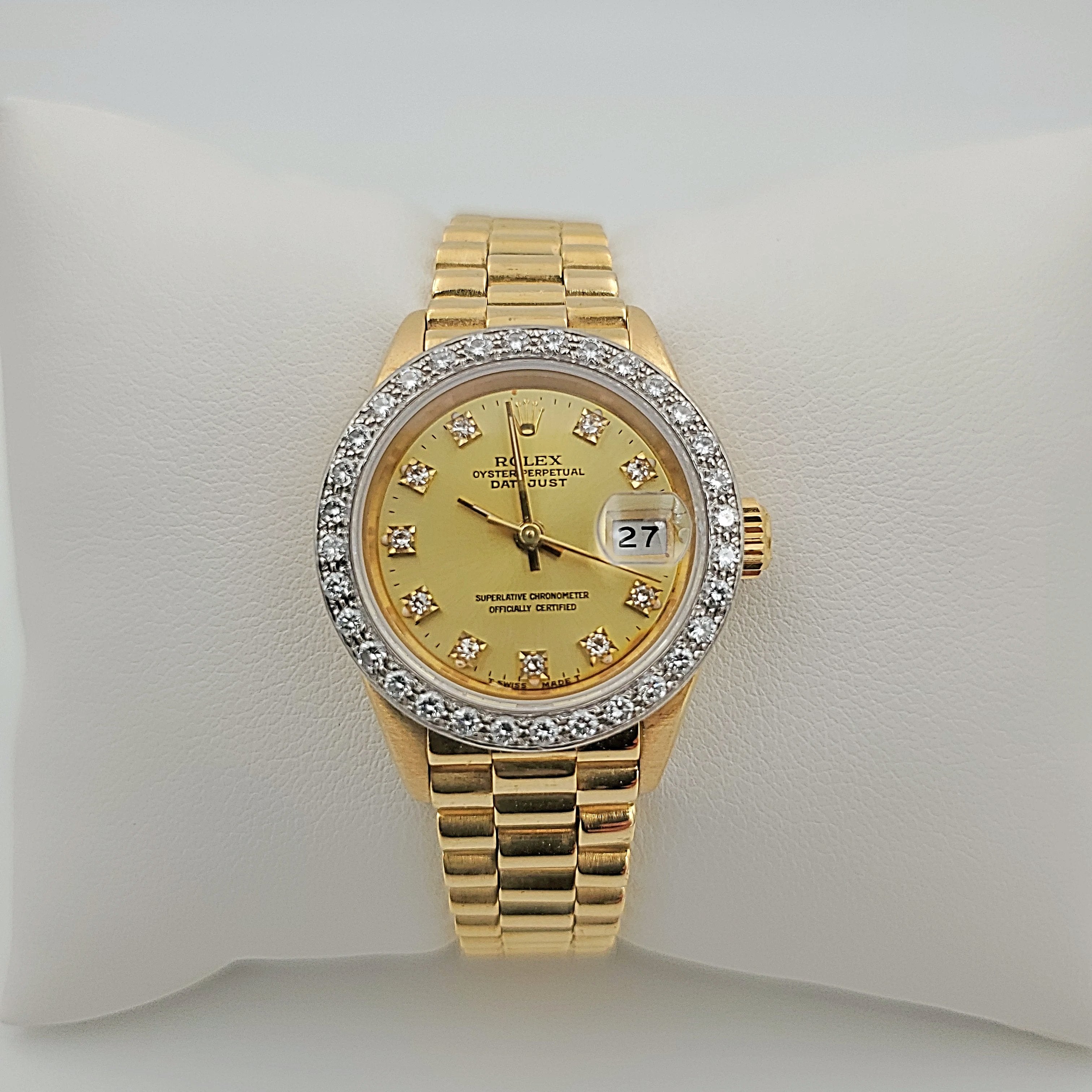 Ladies Rolex 26mm Presidential 18K Yellow Gold Watch with Champagne Diamond Dial and Diamond Bezel. (Pre-Owned)