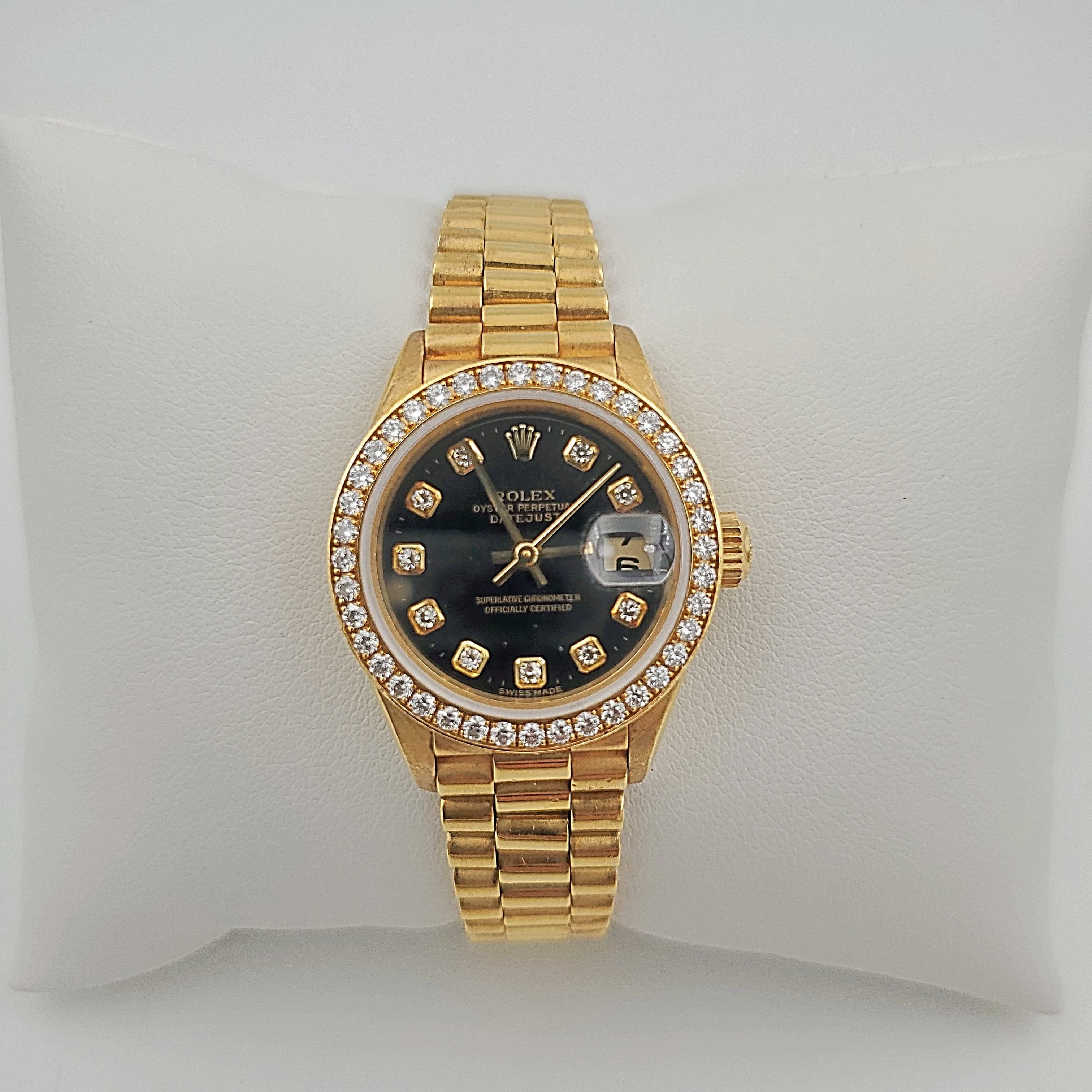 Ladies Rolex 26mm Presidential 18K Yellow Gold Watch with Black Diamond Dial and Diamond Bezel. (Pre-Owned)