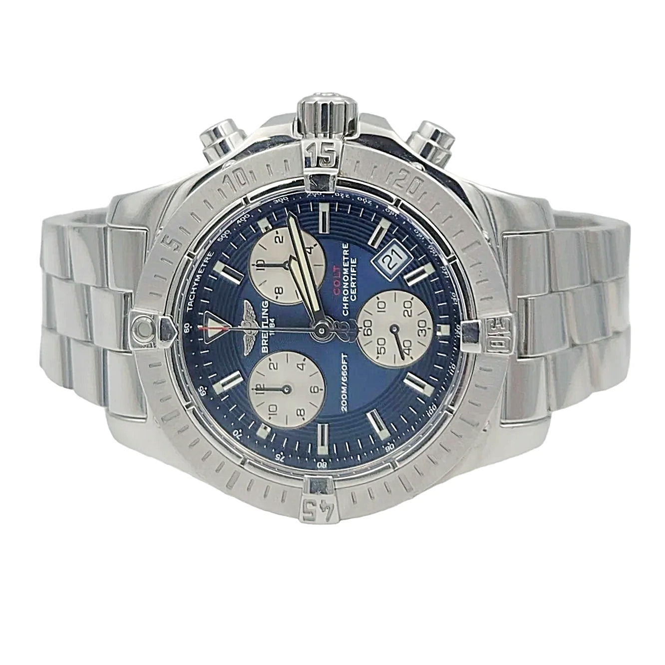 Men's Breitling 41mm Colt Stainless Steel Watch with Blue Chronograph Dial. (Pre-Owned A73380)