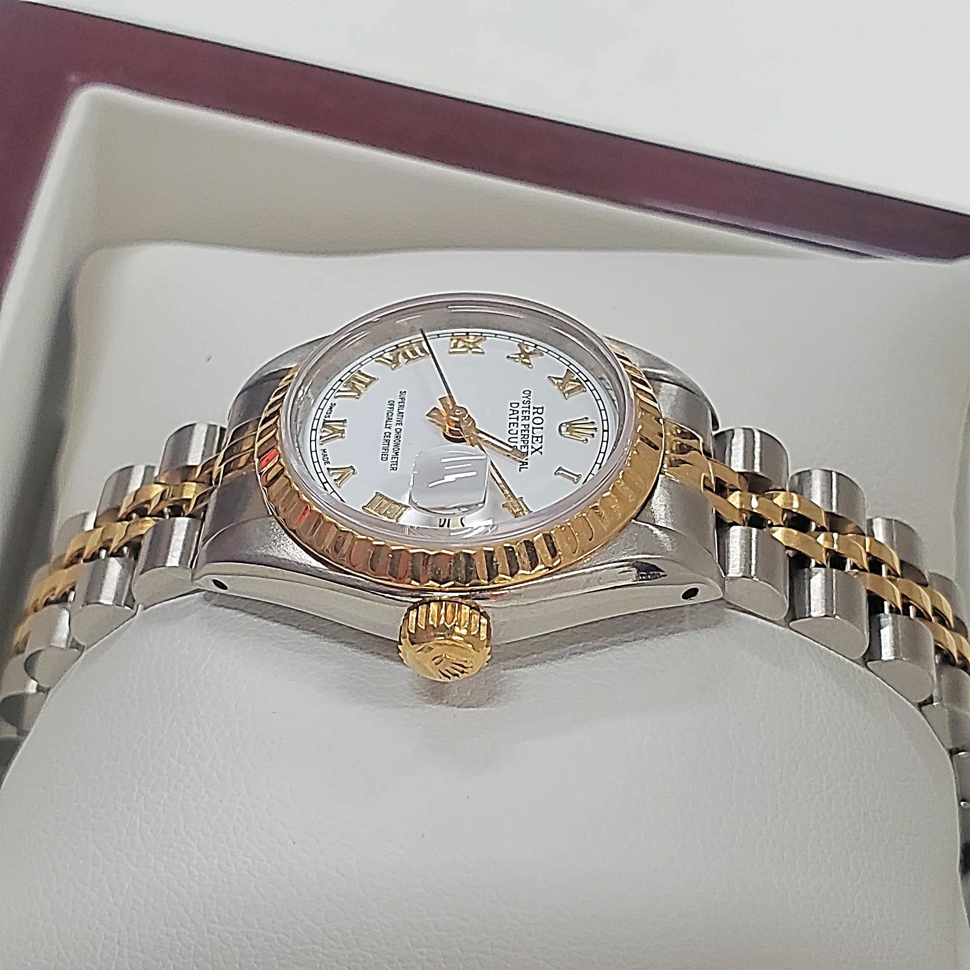 Ladies Rolex 18K Gold 26mm Two Tone DateJust Watch with Fluted Bezel, White Dial and Roman Numerals. (Pre-Owned)