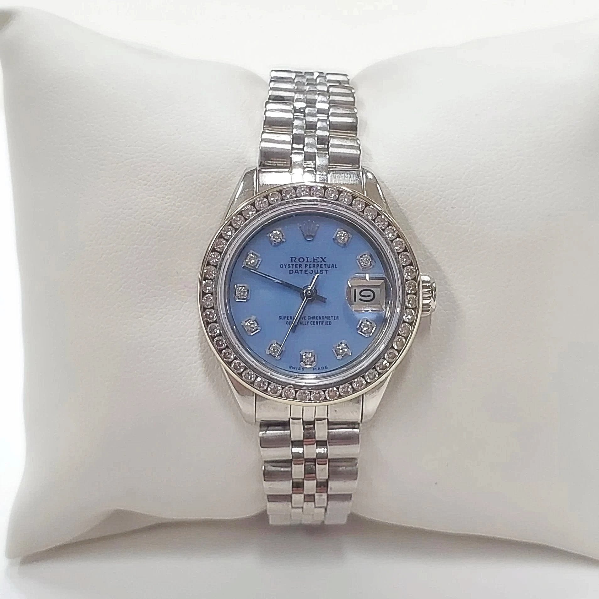 Ladies Rolex 26mm DateJust Stainless Steel Watch with Powder Blue Diamond Dial and Diamond Bezel. (Pre-Owned)