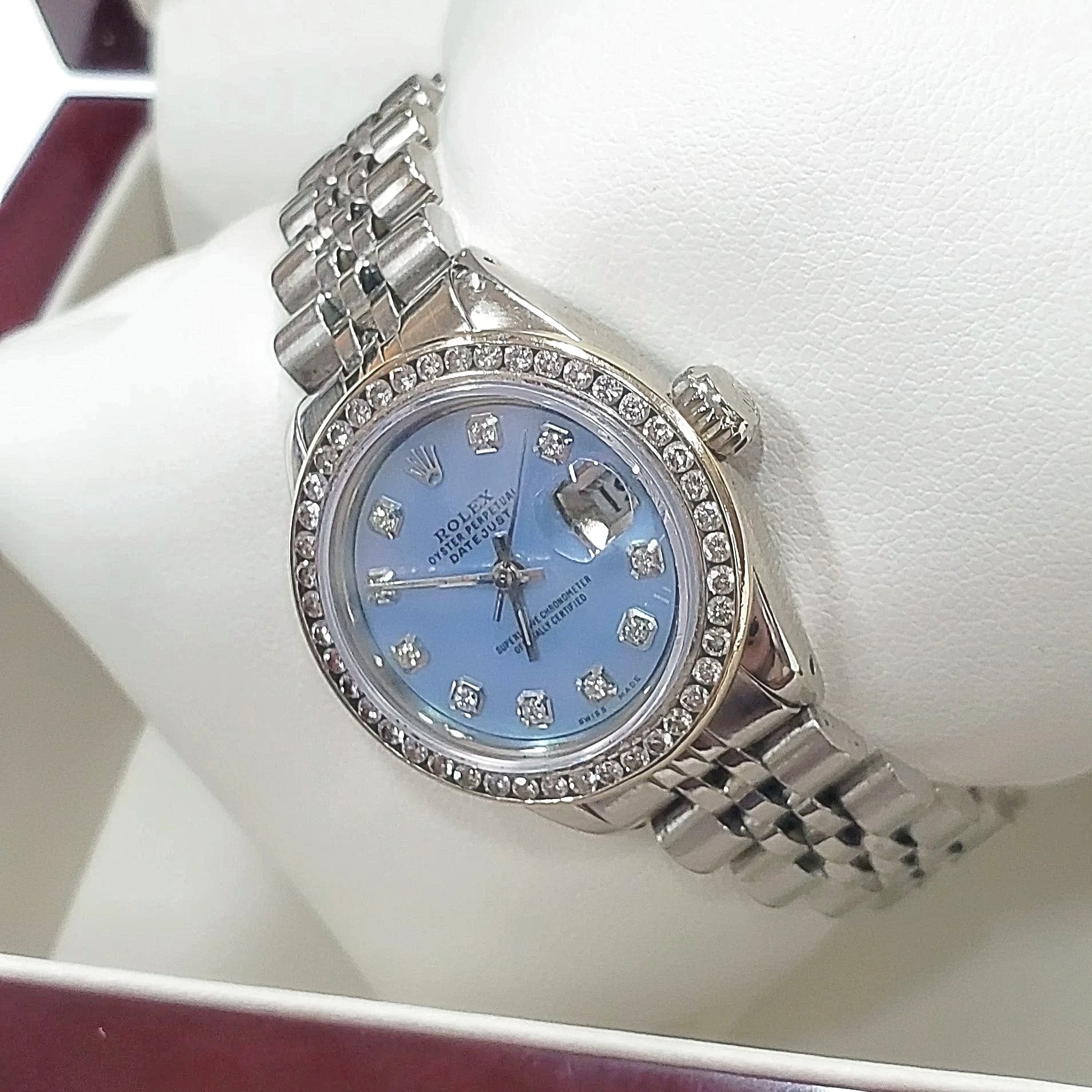 Ladies Rolex 26mm DateJust Stainless Steel Watch with Powder Blue Diamond Dial and Diamond Bezel. (Pre-Owned)