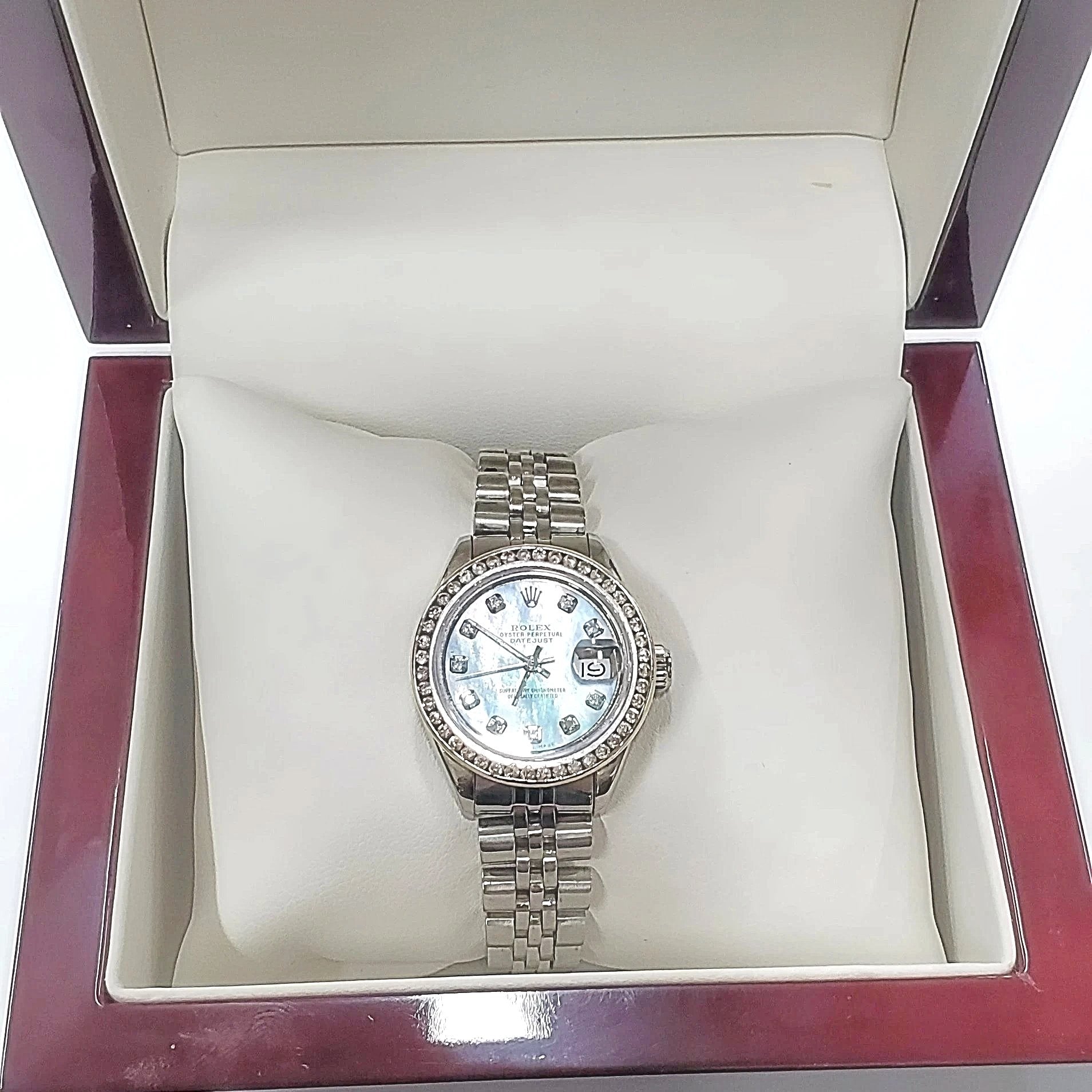 Ladies Rolex 26mm DateJust Stainless Steel Watch with Powder Blue Diamond Dial and Diamond Bezel. (Pre-Owned)