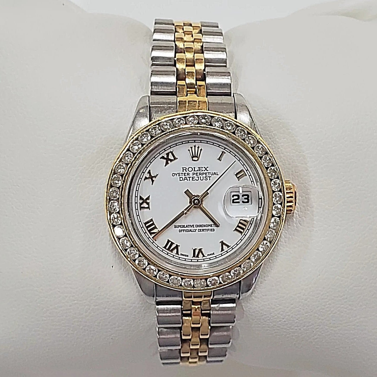 Ladies Rolex 18K Gold Two Tone 26mm DateJust Watch with Diamond Bezel, White Dial and Roman Numerals. (Pre-Owned)