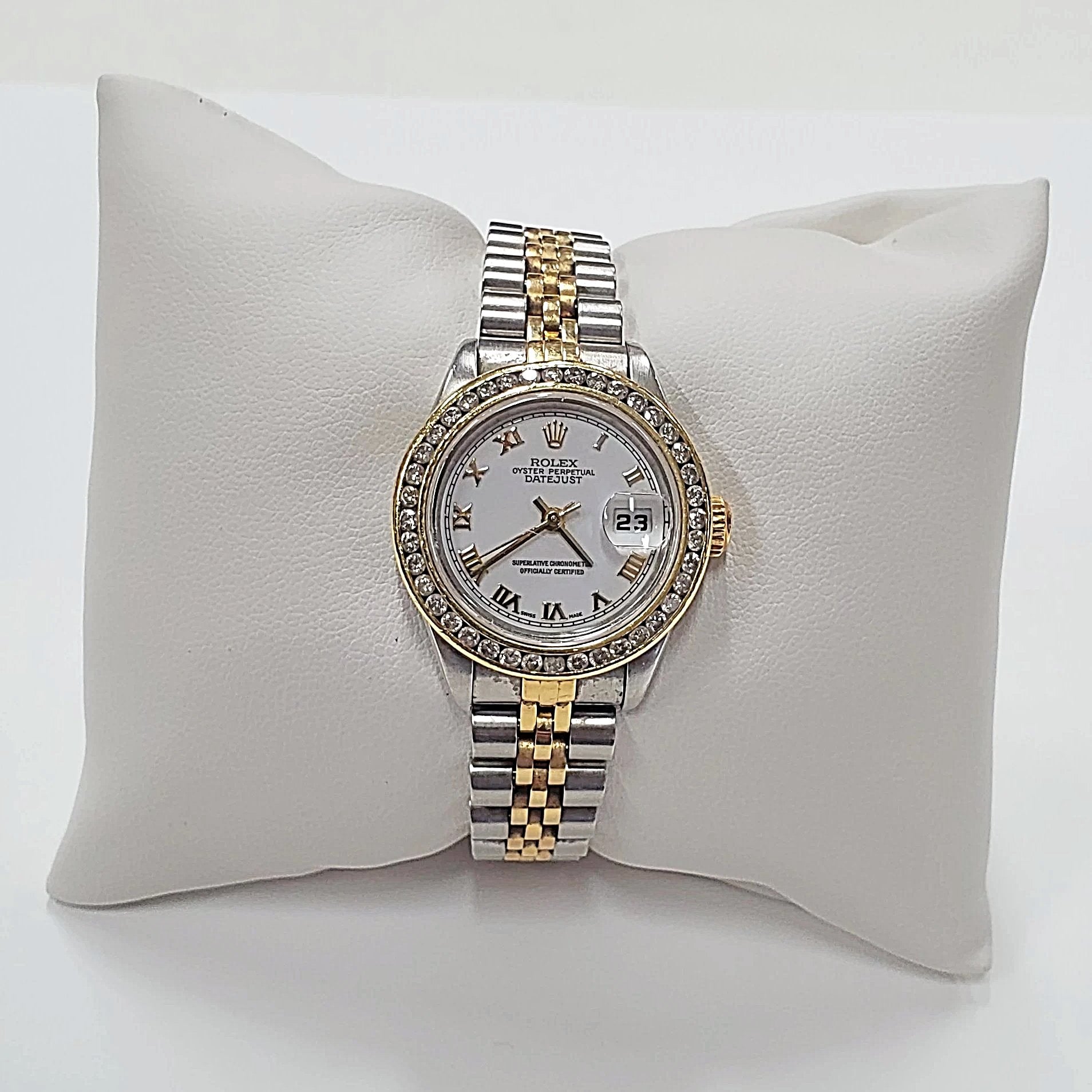 Ladies Rolex 18K Gold Two Tone 26mm DateJust Watch with Diamond Bezel, White Dial and Roman Numerals. (Pre-Owned)