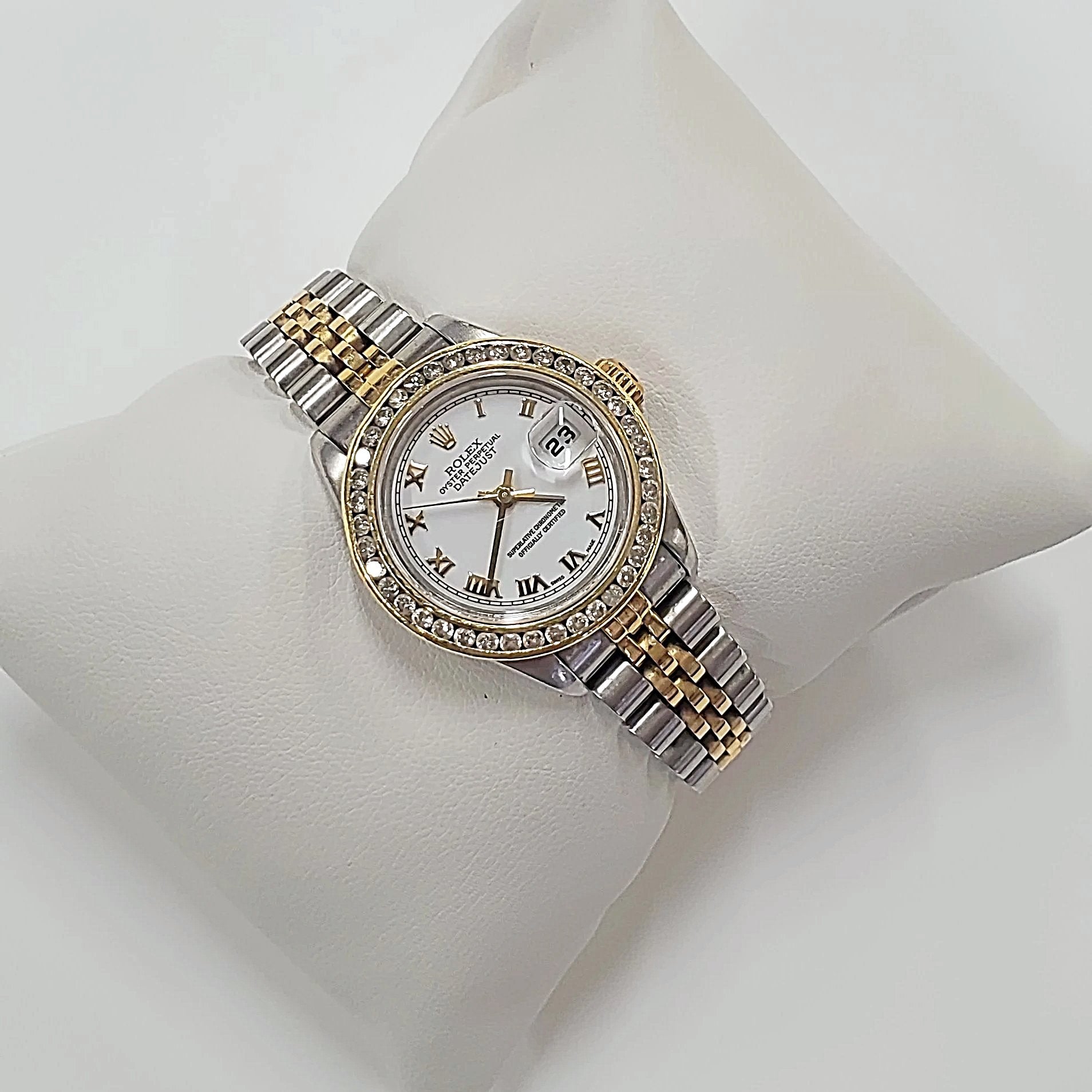 Ladies Rolex 18K Gold Two Tone 26mm DateJust Watch with Diamond Bezel, White Dial and Roman Numerals. (Pre-Owned)