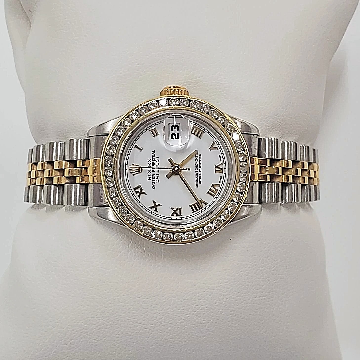 Ladies Rolex 18K Gold Two Tone 26mm DateJust Watch with Diamond Bezel, White Dial and Roman Numerals. (Pre-Owned)