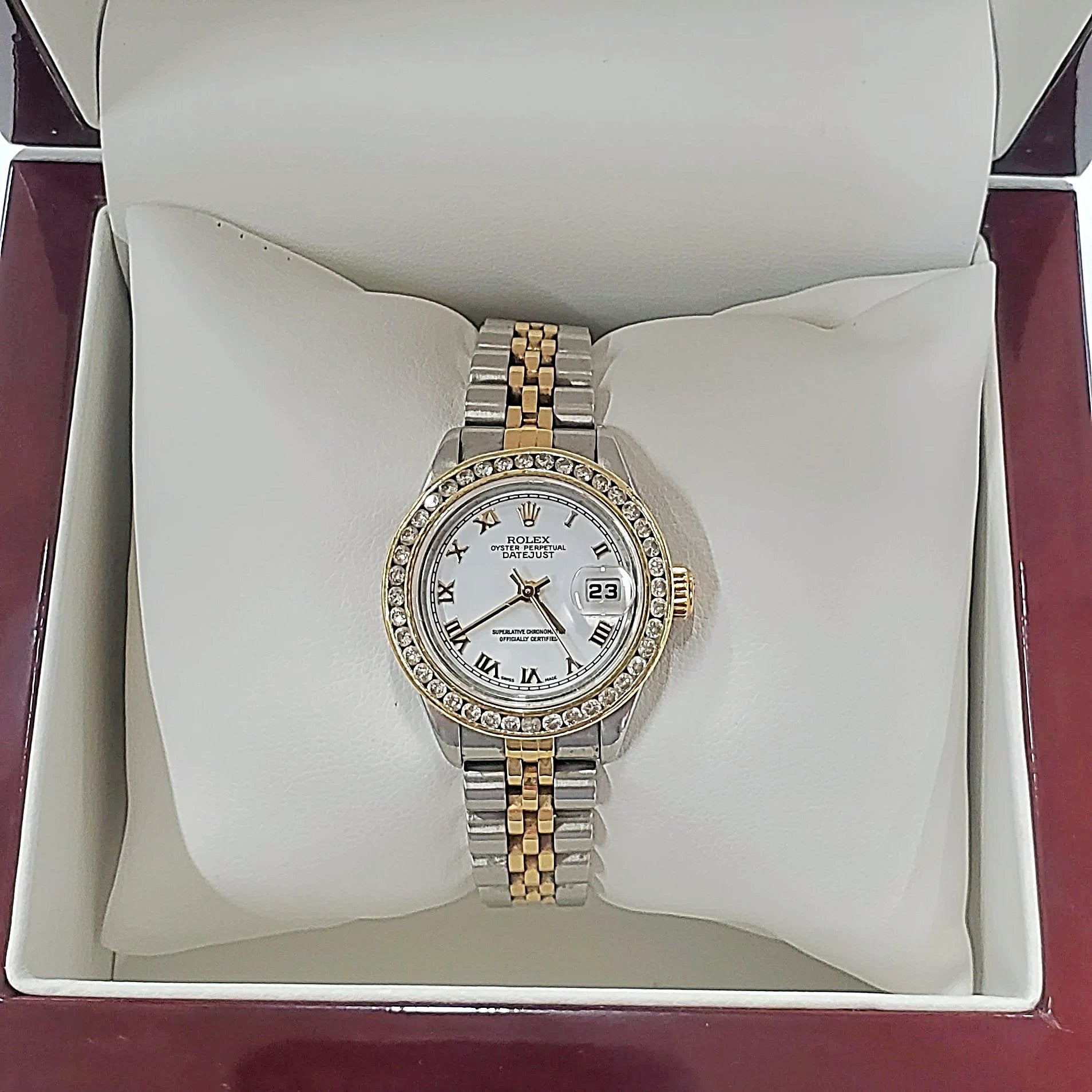 Ladies Rolex 18K Gold Two Tone 26mm DateJust Watch with Diamond Bezel, White Dial and Roman Numerals. (Pre-Owned)