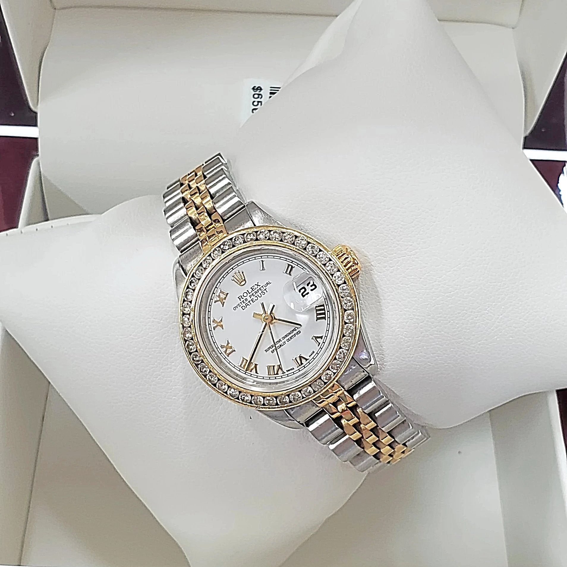 Ladies Rolex 18K Gold Two Tone 26mm DateJust Watch with Diamond Bezel, White Dial and Roman Numerals. (Pre-Owned)