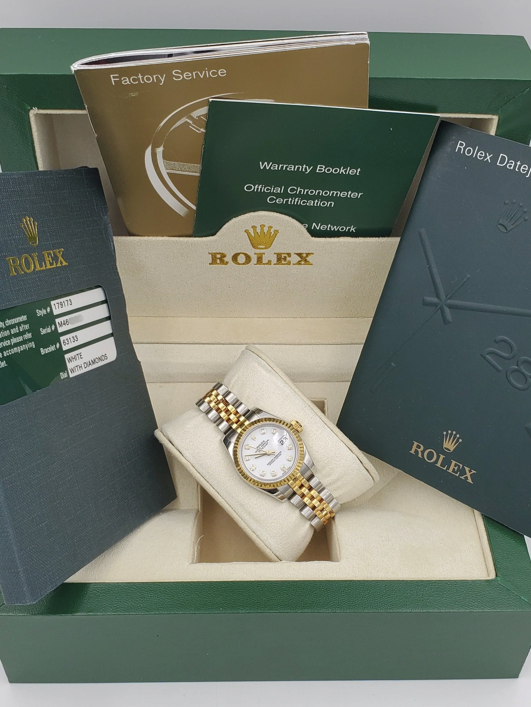 Ladies Rolex 26mm DateJust Two Tone Stainless Steel 18K Gold Watch with White Diamond Dial and Fluted Bezel. (Pre-Owned)