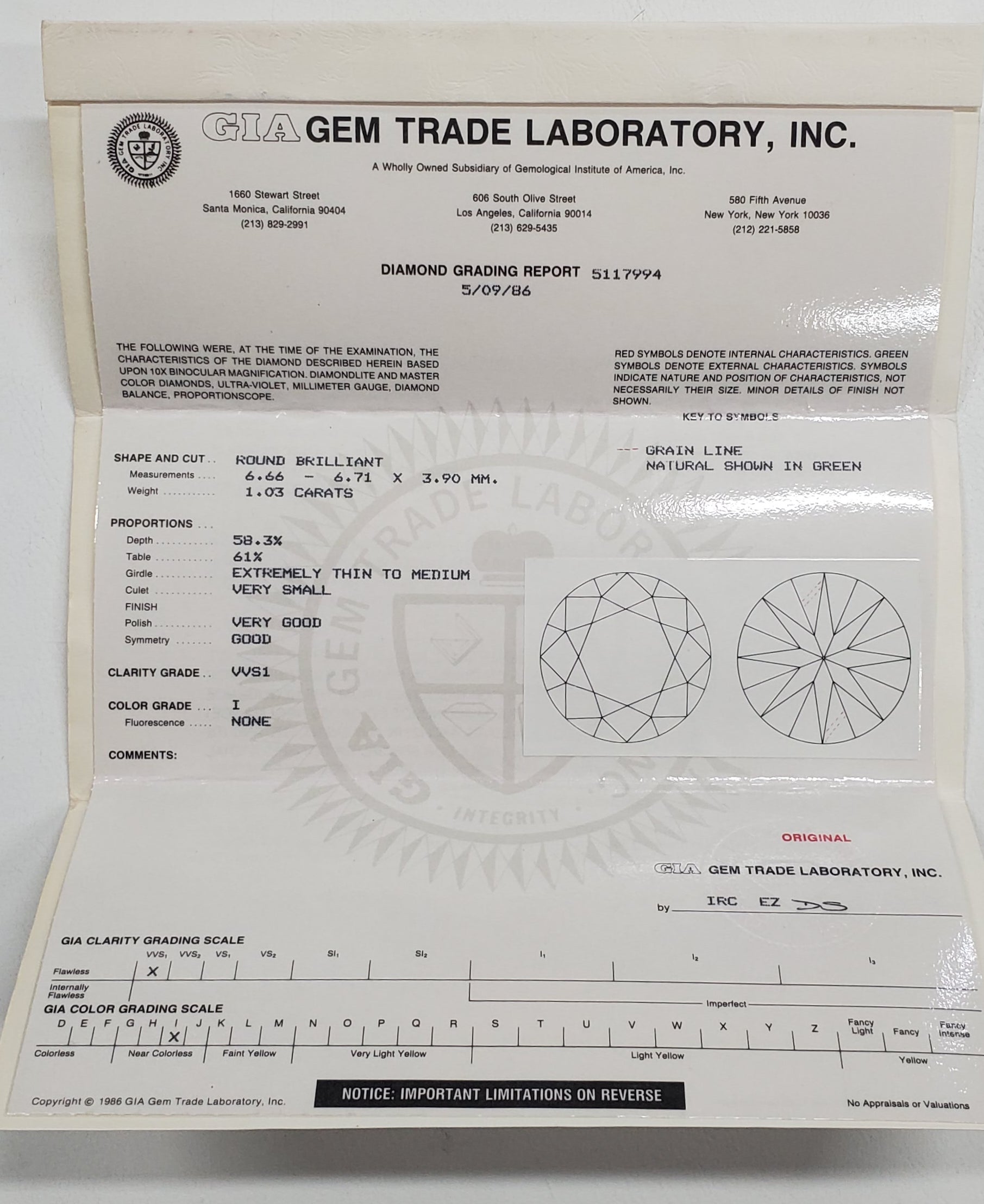 1.03 Carat GIA Certified VVS1, Color I, Round Cut Natural Diamond.