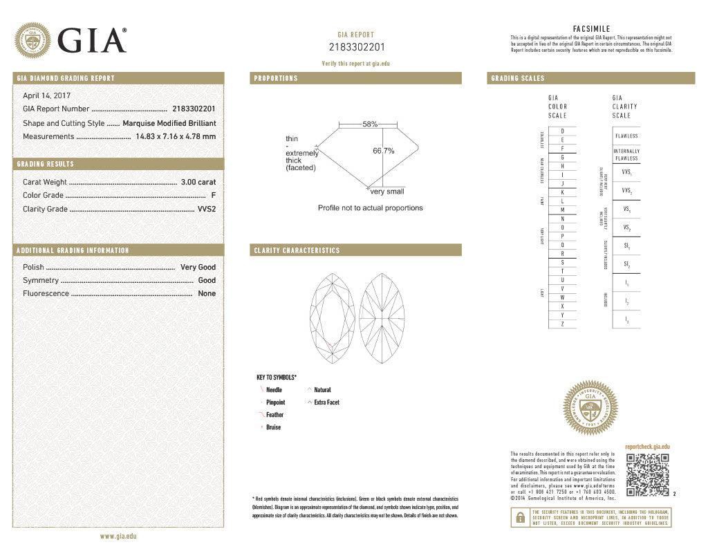 3.00 Carat GIA Certified VVS2, Color F, Marquise Cut Natural Diamond.