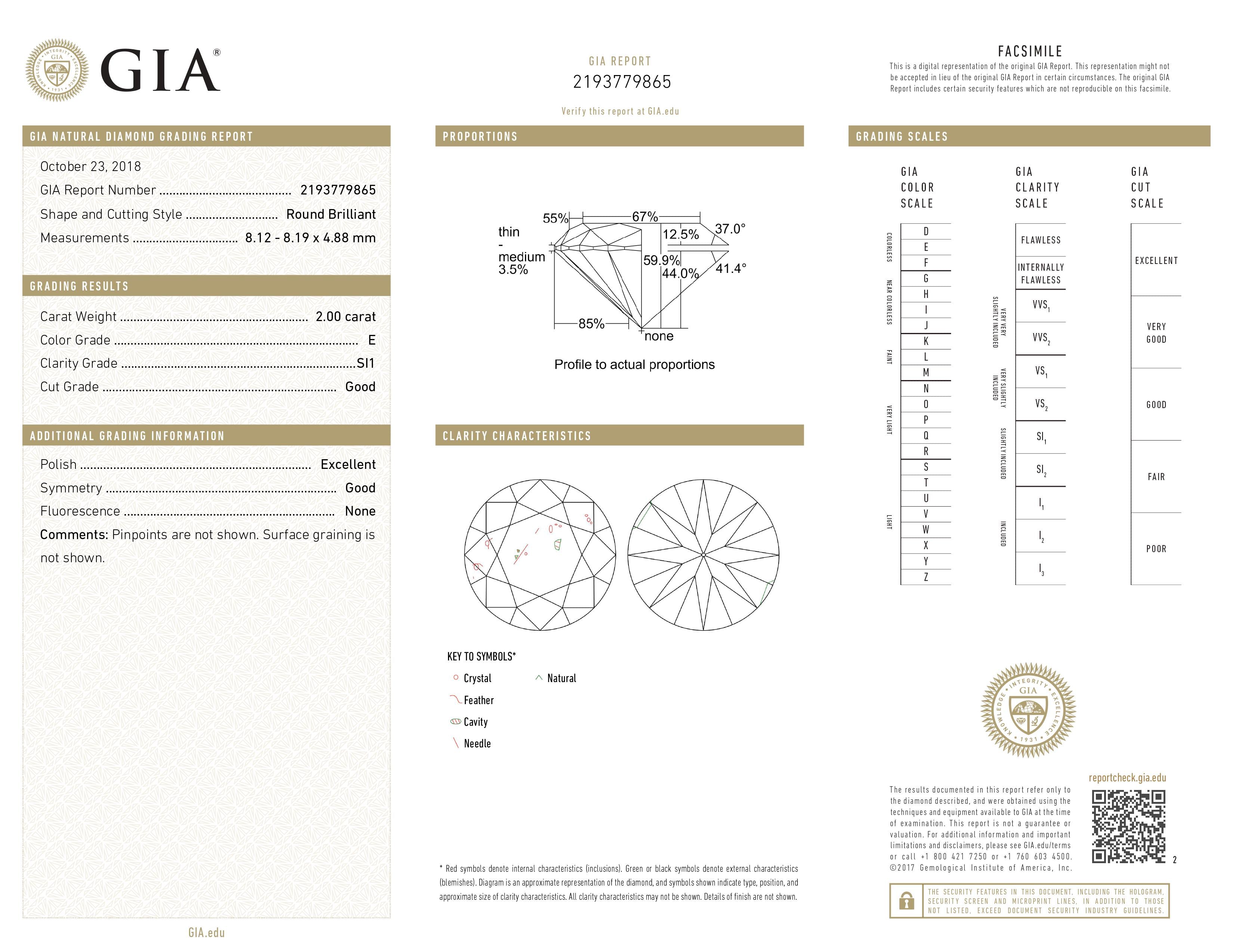 2.00 Carat GIA Certified SI1, Color E, Round Cut Natural Diamond.