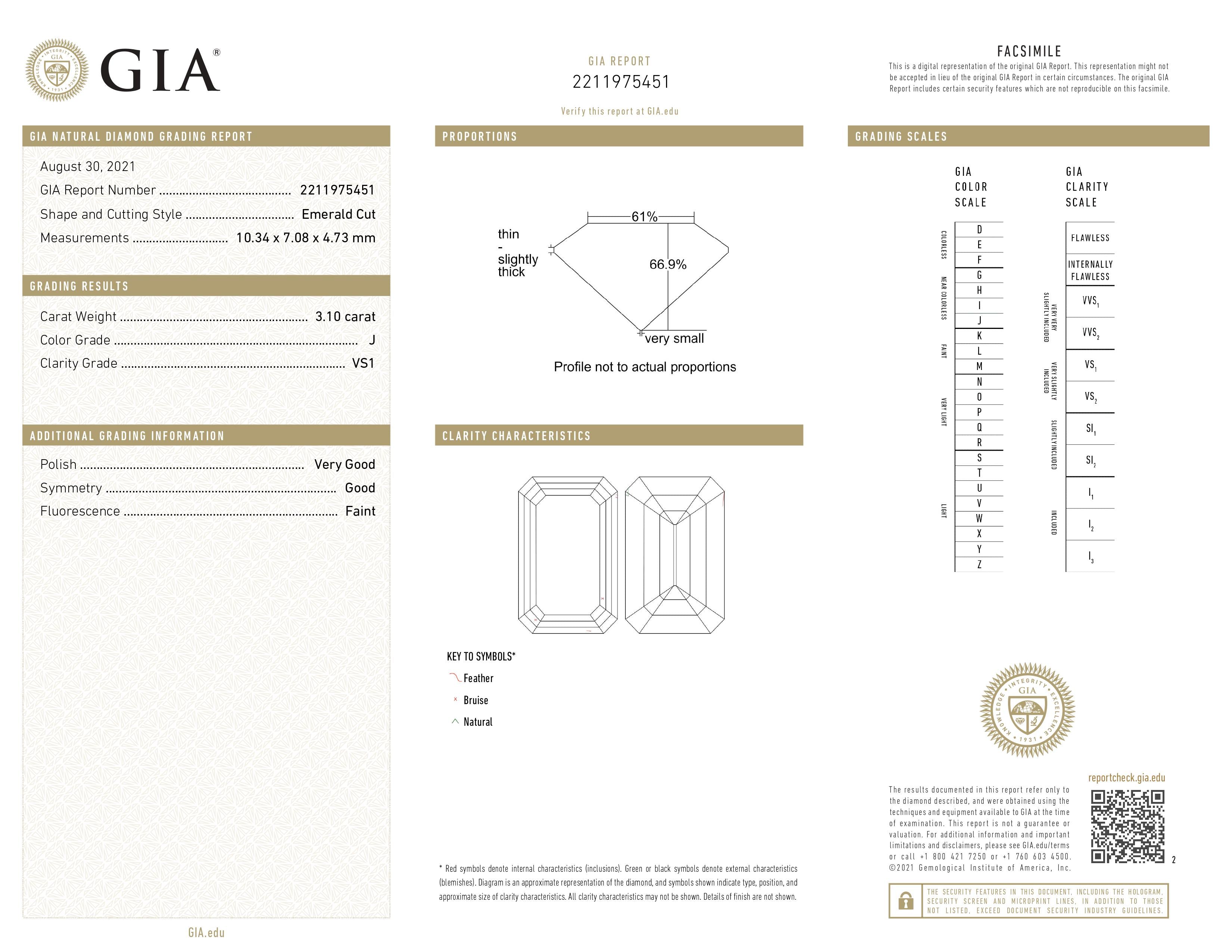 3.10 Carat GIA Certified VS1, Color J, Emerald Cut Natural Diamond.