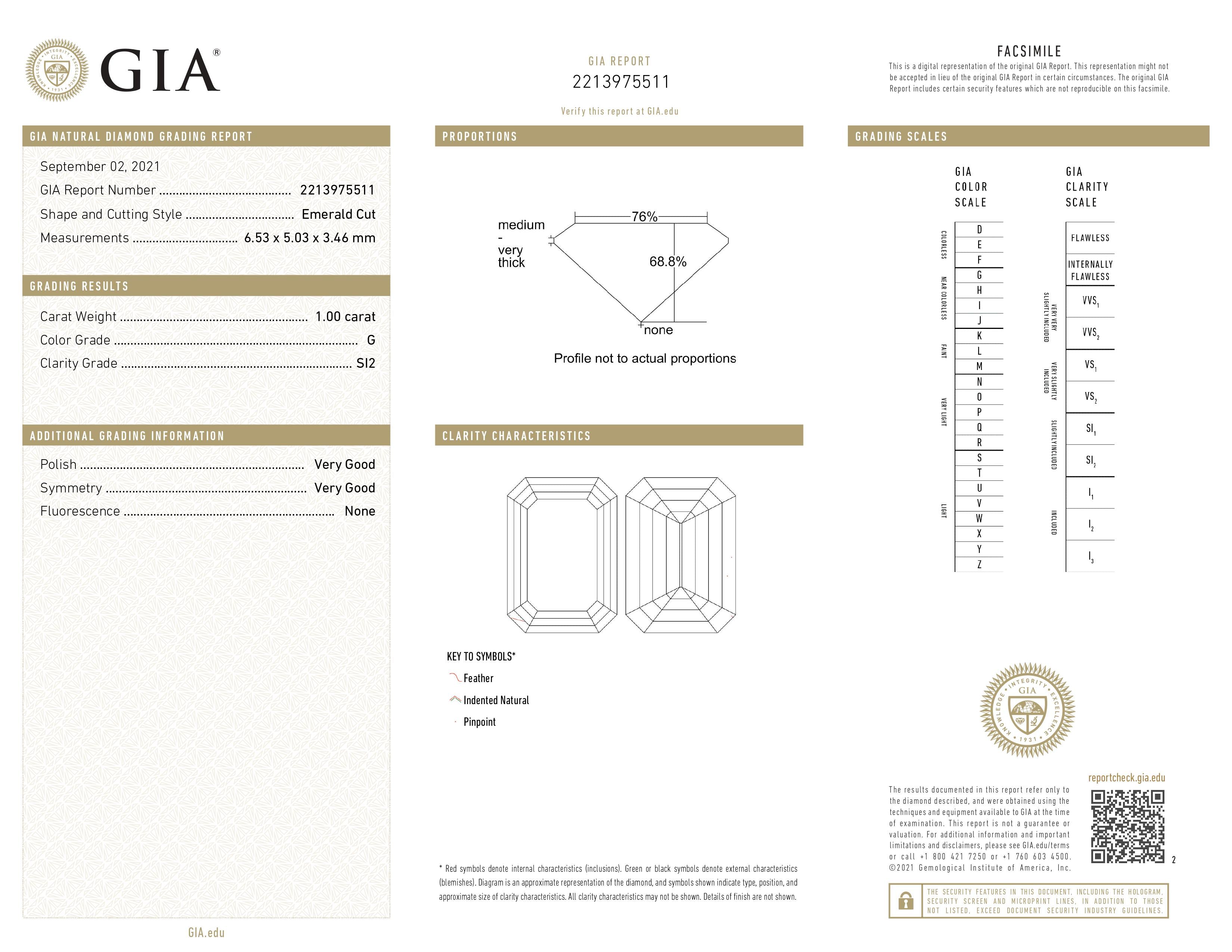 1.00 Carat GIA Certified SI2, Color G, Emerald Cut Natural Diamond.