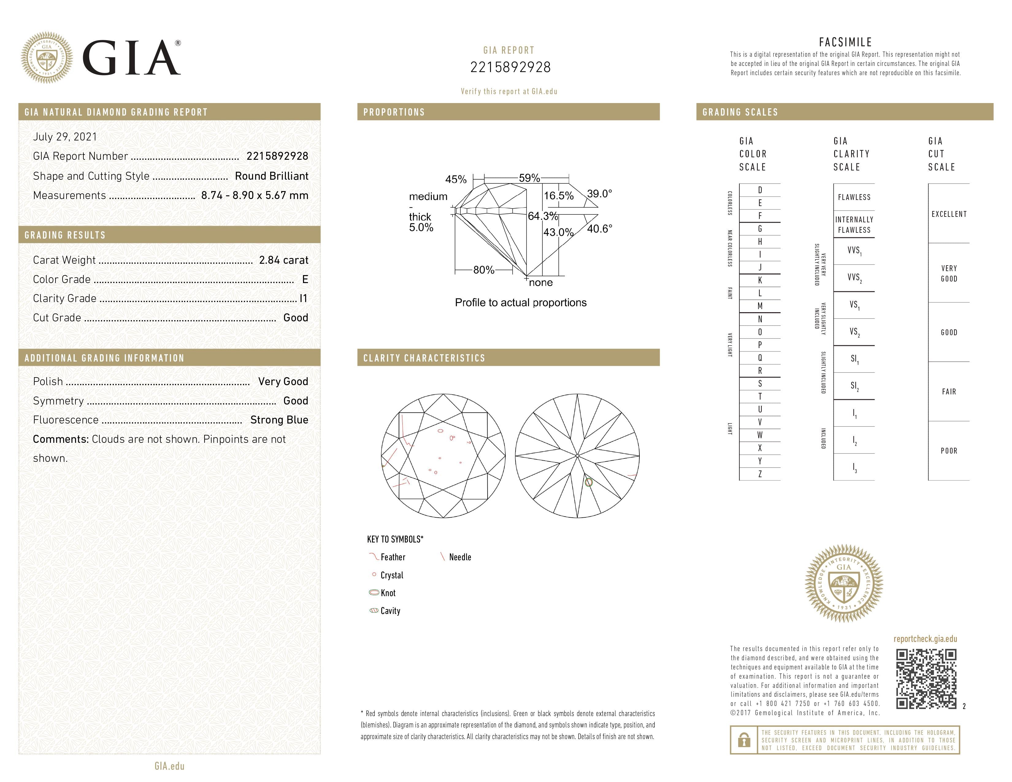 2.84 Carat GIA Certified I1, Color E, Round Cut Natural Diamond.