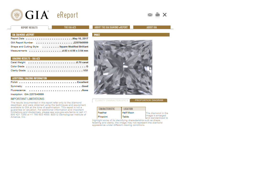 0.70 Carat GIA Certified VS1, Color G, Princess Cut Natural Diamond.