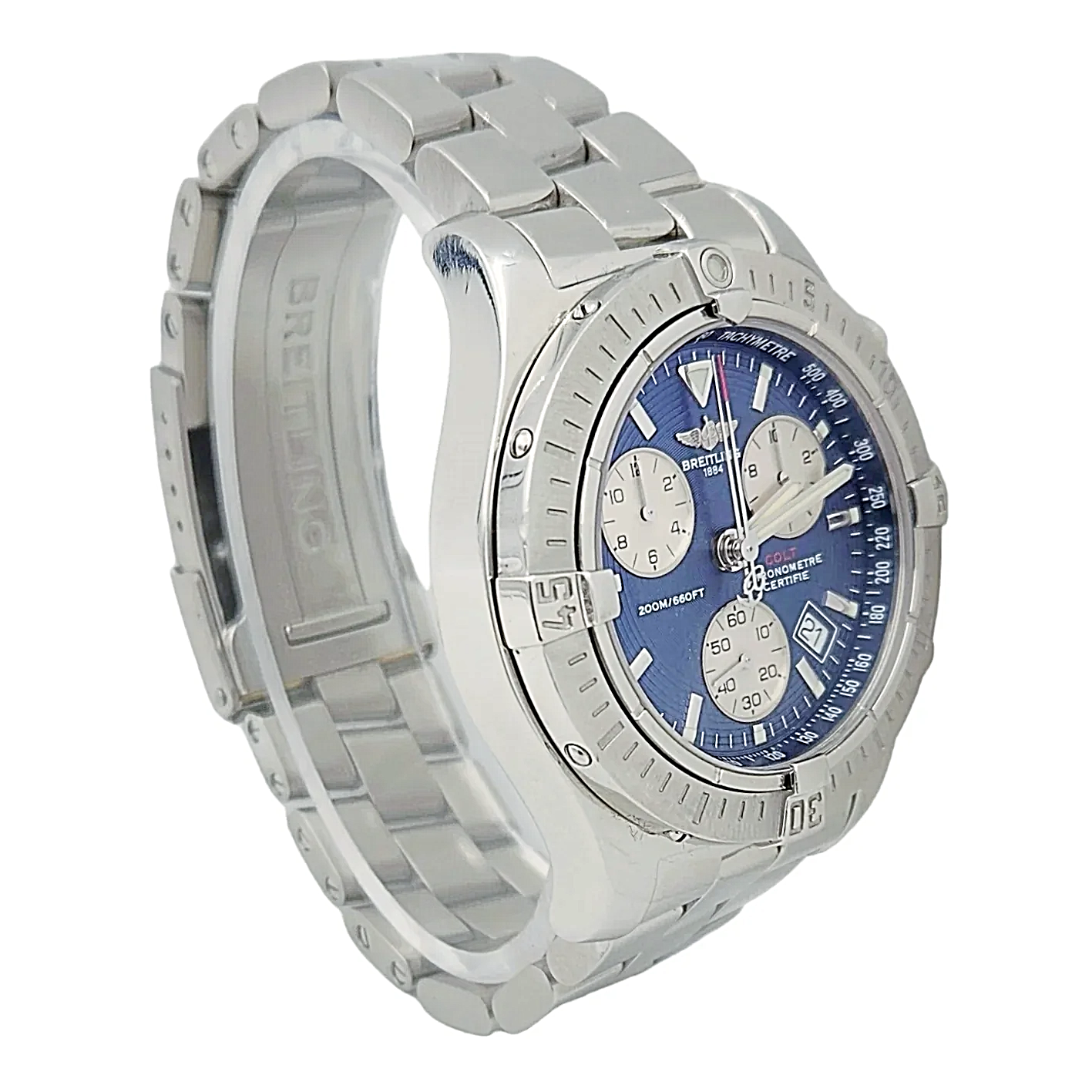 Men's Breitling 41mm Colt Stainless Steel Watch with Blue Chronograph Dial. (Pre-Owned A73380)