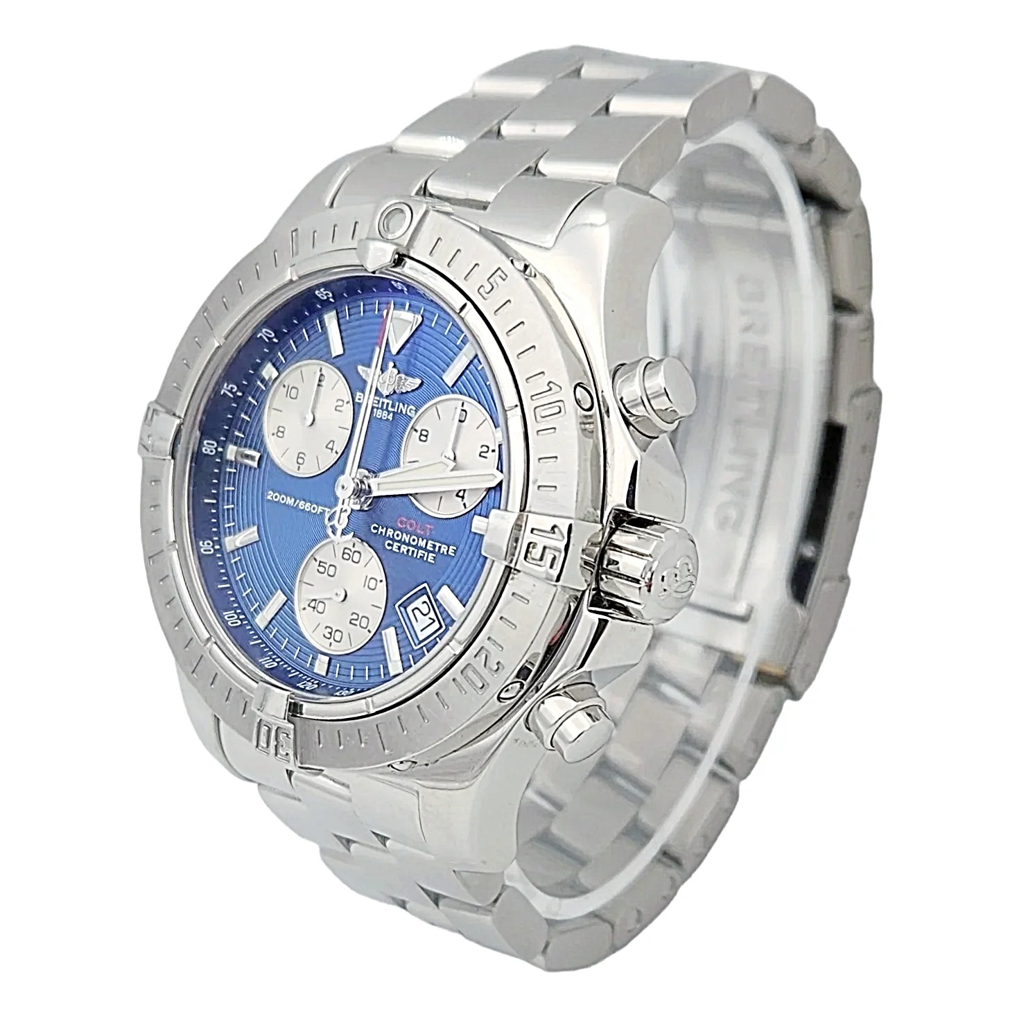 Men's Breitling 41mm Colt Stainless Steel Watch with Blue Chronograph Dial. (Pre-Owned A73380)