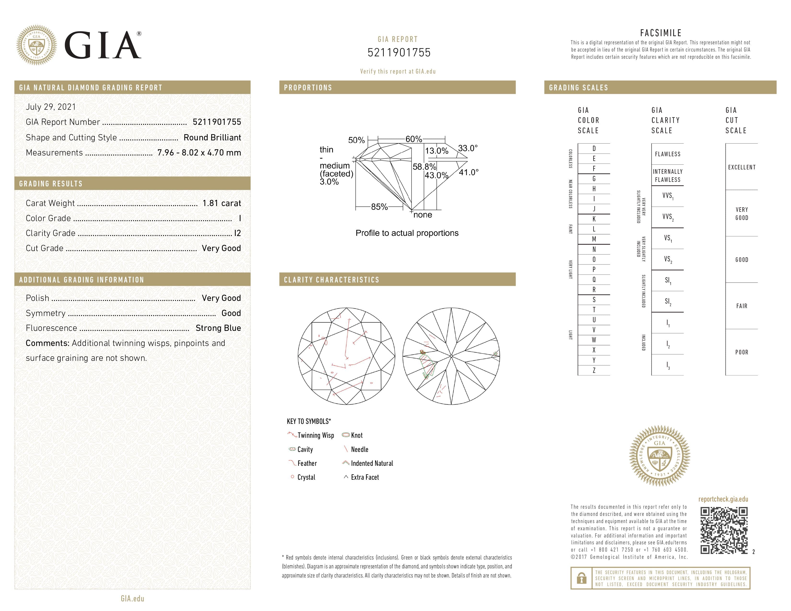 1.81 Carat GIA Certified I1, Color I, Round Cut Natural Diamond.