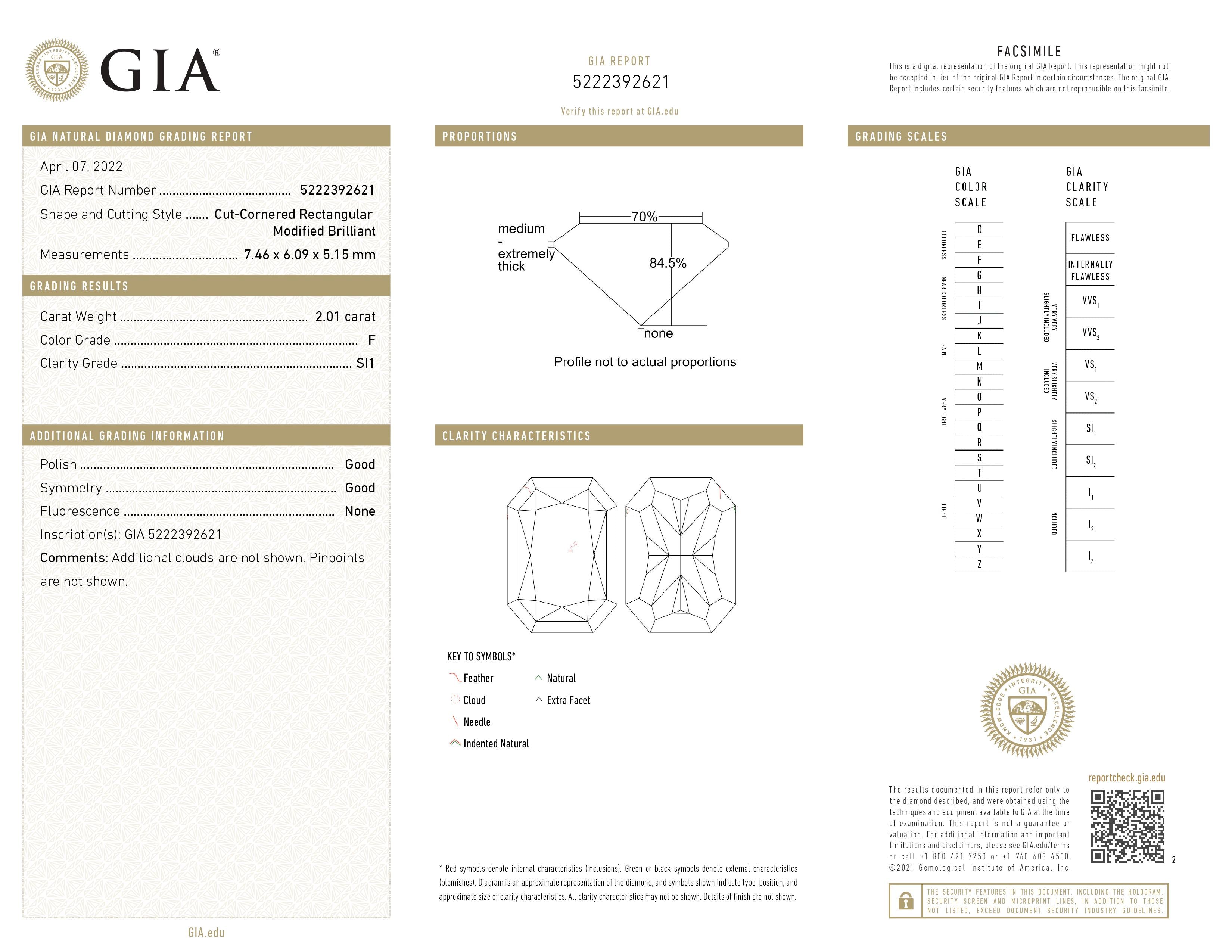 2.01 Carat GIA Certified SI1, Color F, Radiant Cut Natural Diamond.