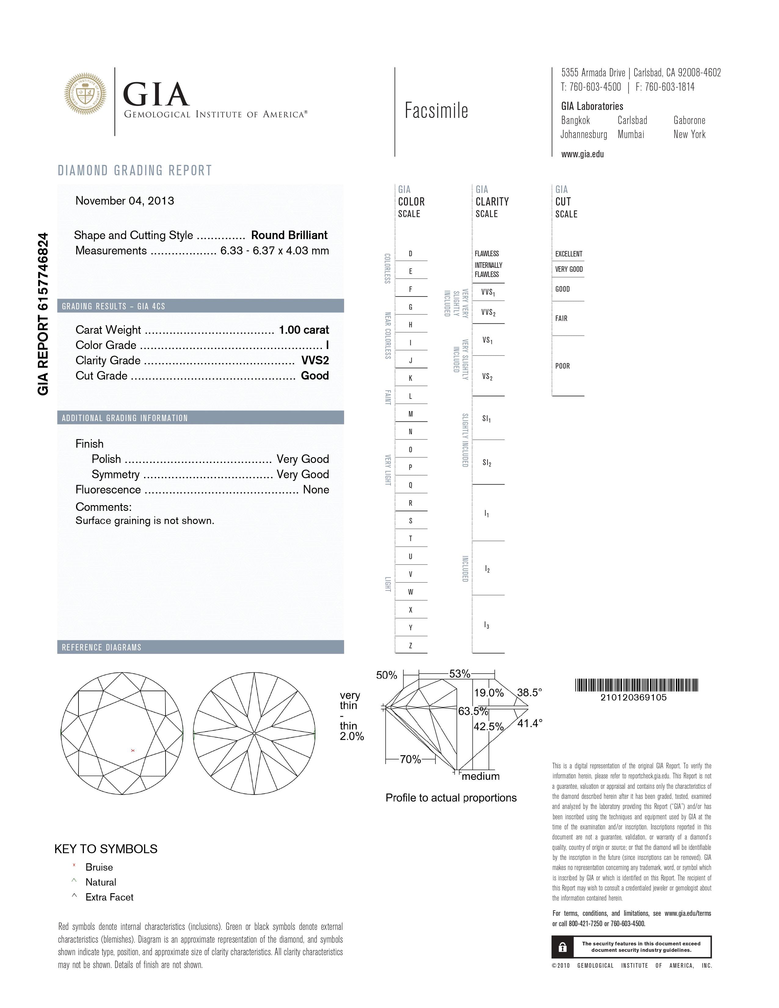 1.00 Carat GIA Certified VVS2, Color I, Round Cut Natural Diamond.