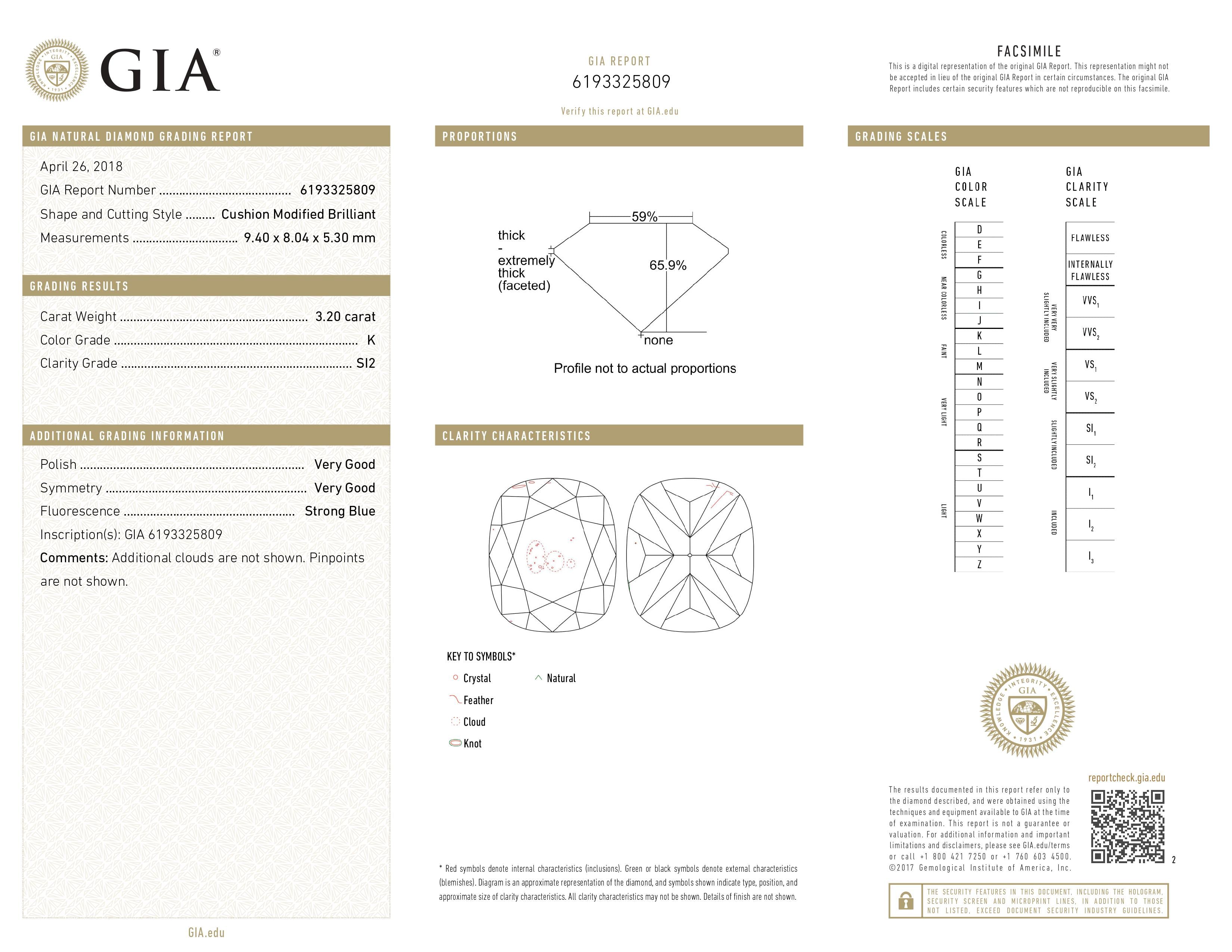 3.20 Carat GIA Certified SI2, Color K, Cushion Cut Natural Diamond.