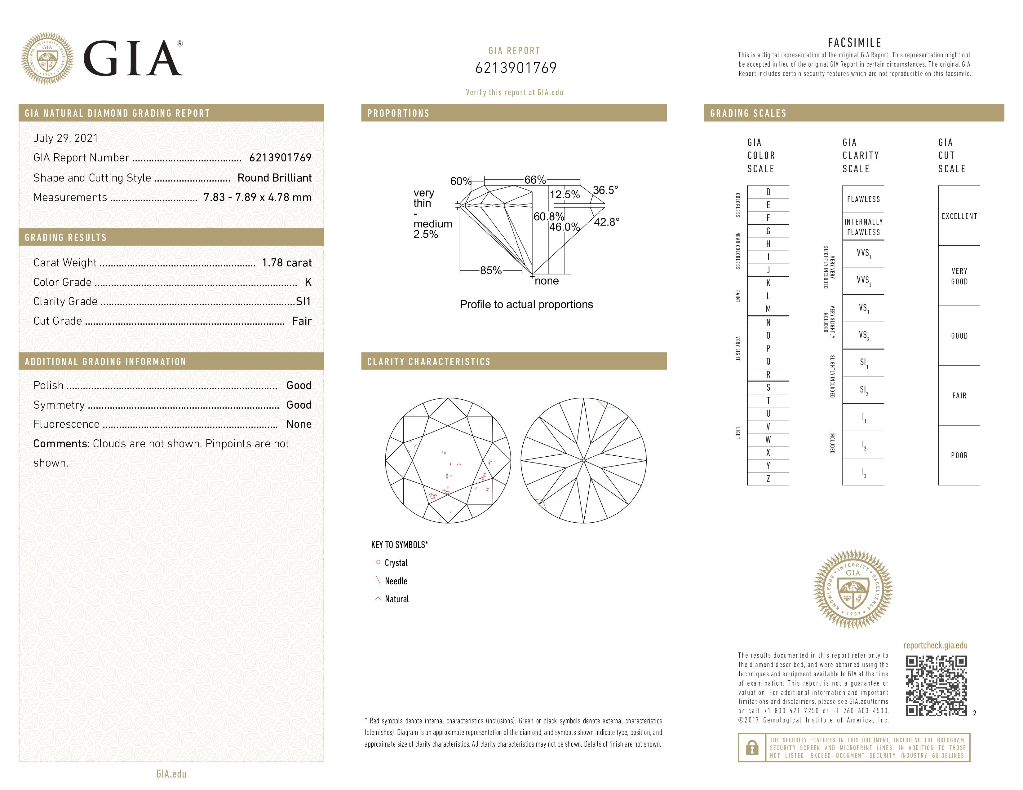 1.78 Carat GIA Certified SI1, Color K, Round Cut Natural Diamond.