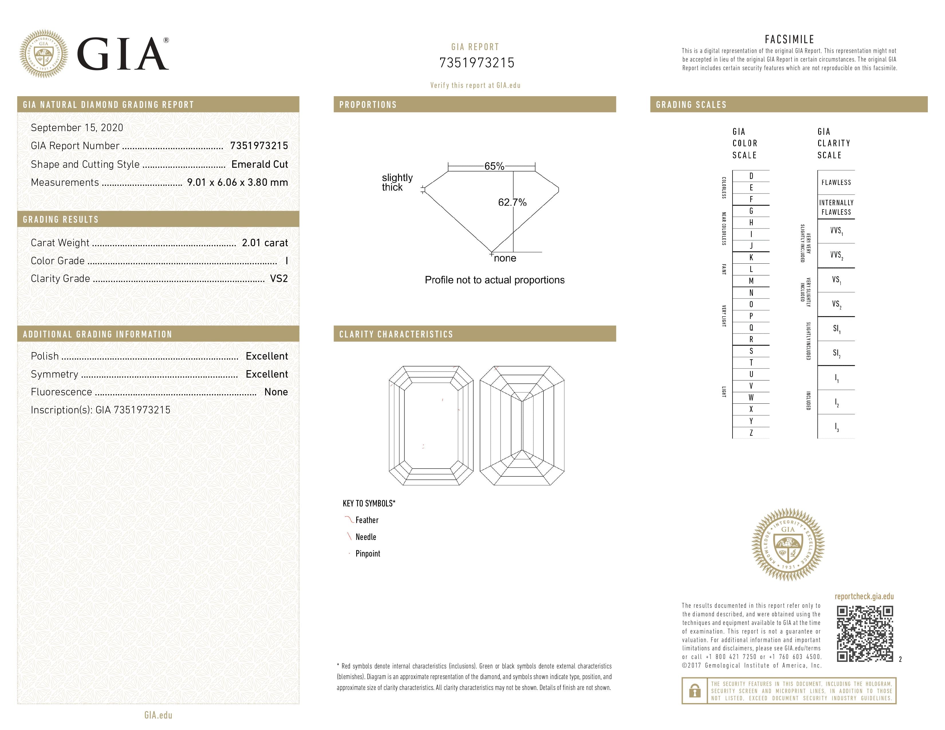 2.01 Carat GIA Certified SI2, Color G, Emerald Cut Natural Diamond.