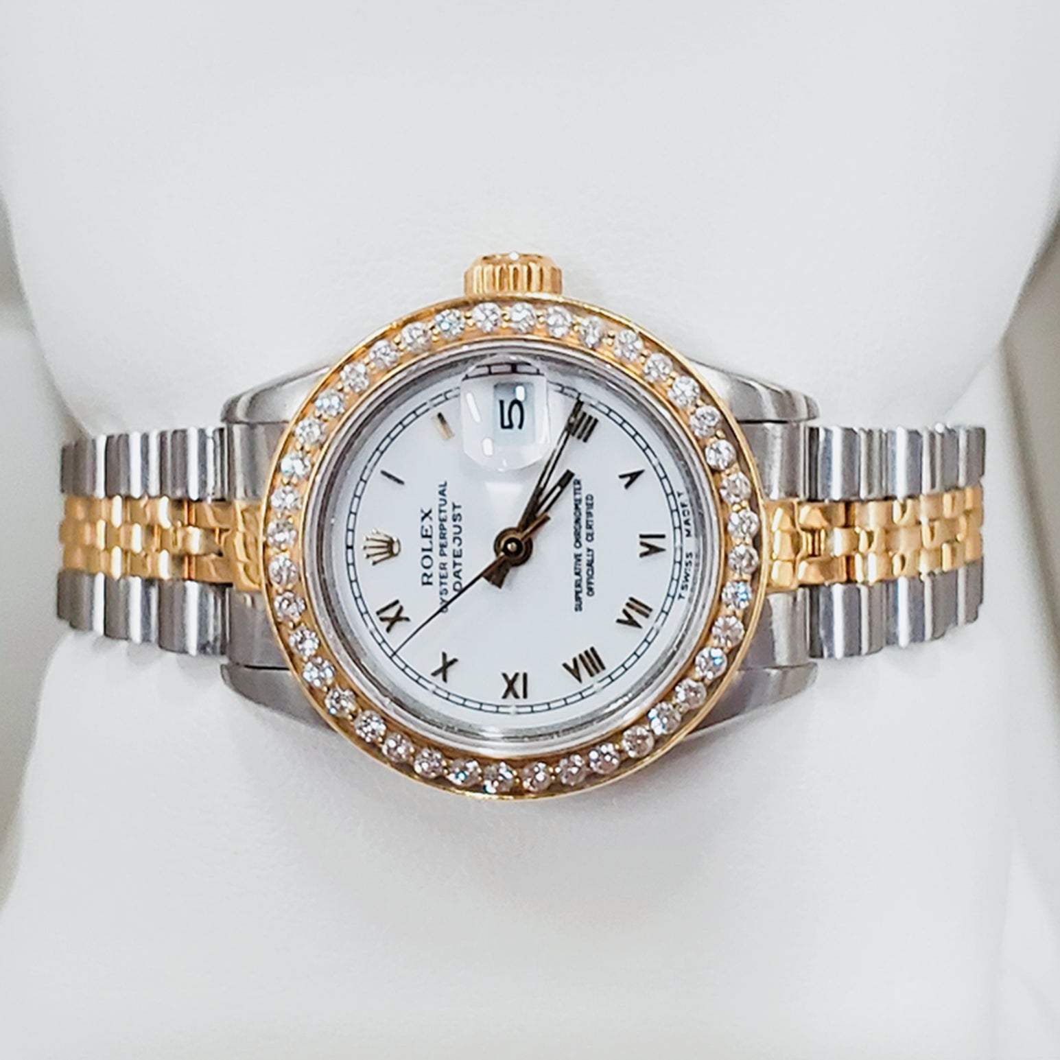 Ladies Rolex 18K Gold Two Tone 26mm DateJust Watch with Roman Numerals, White Dial and Diamond Bezel. (Pre-Owned)