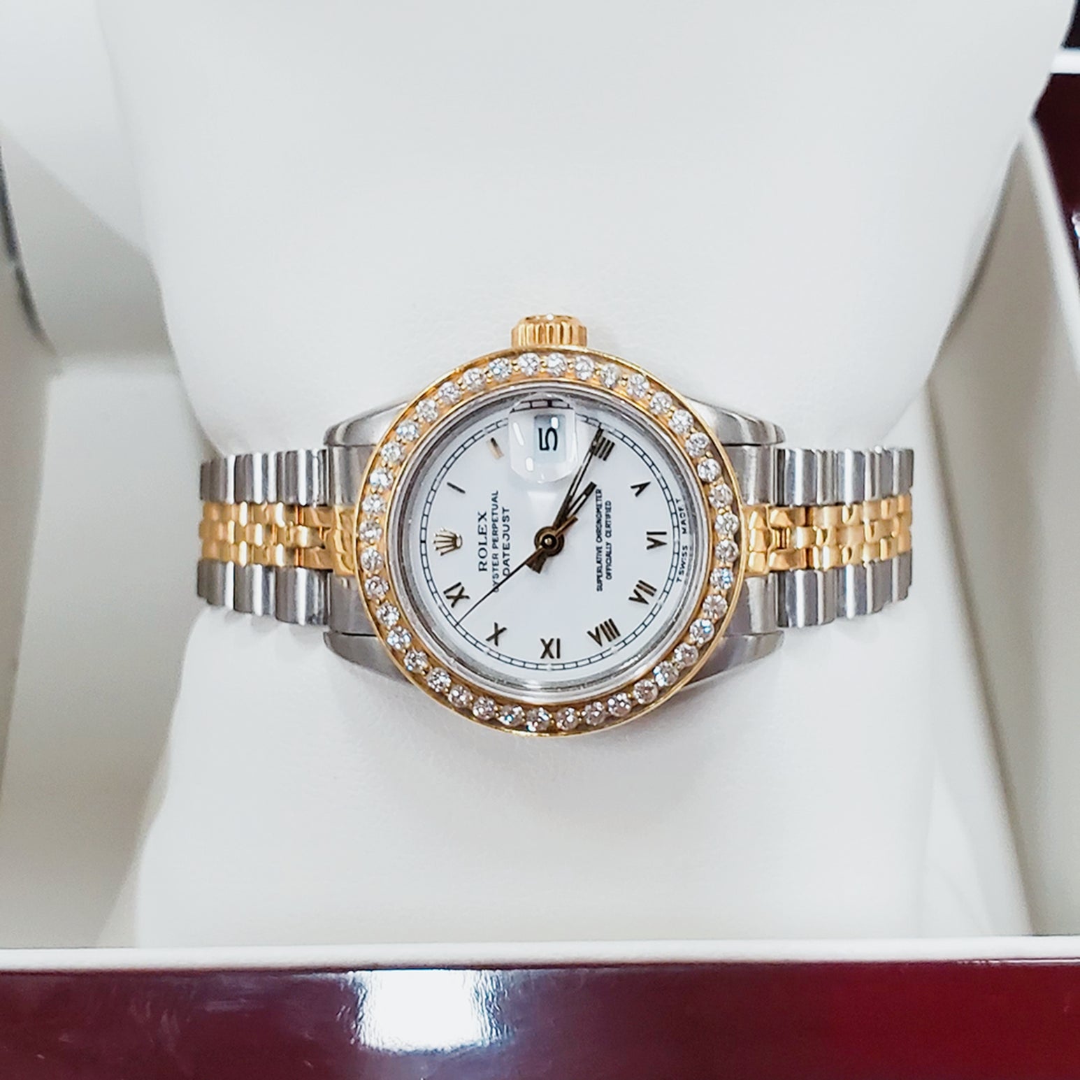 Ladies Rolex 18K Gold Two Tone 26mm DateJust Watch with Roman Numerals, White Dial and Diamond Bezel. (Pre-Owned)