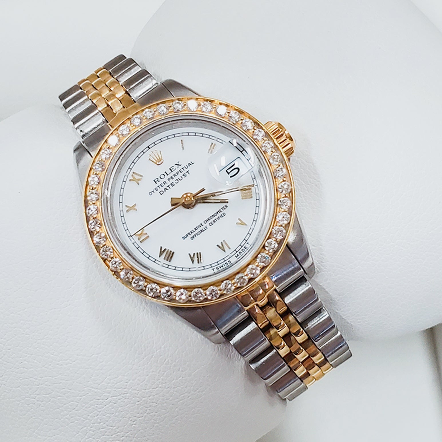 Ladies Rolex 18K Gold Two Tone 26mm DateJust Watch with Roman Numerals, White Dial and Diamond Bezel. (Pre-Owned)