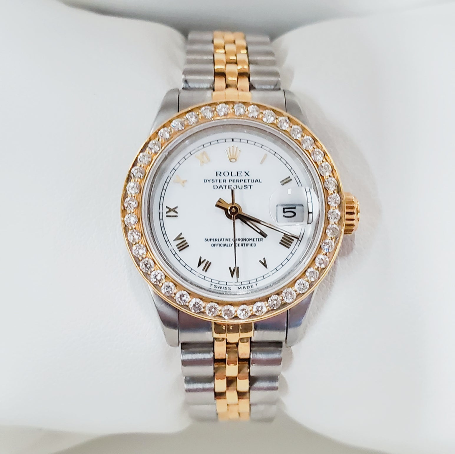 Ladies Rolex 18K Gold Two Tone 26mm DateJust Watch with Roman Numerals, White Dial and Diamond Bezel. (Pre-Owned)