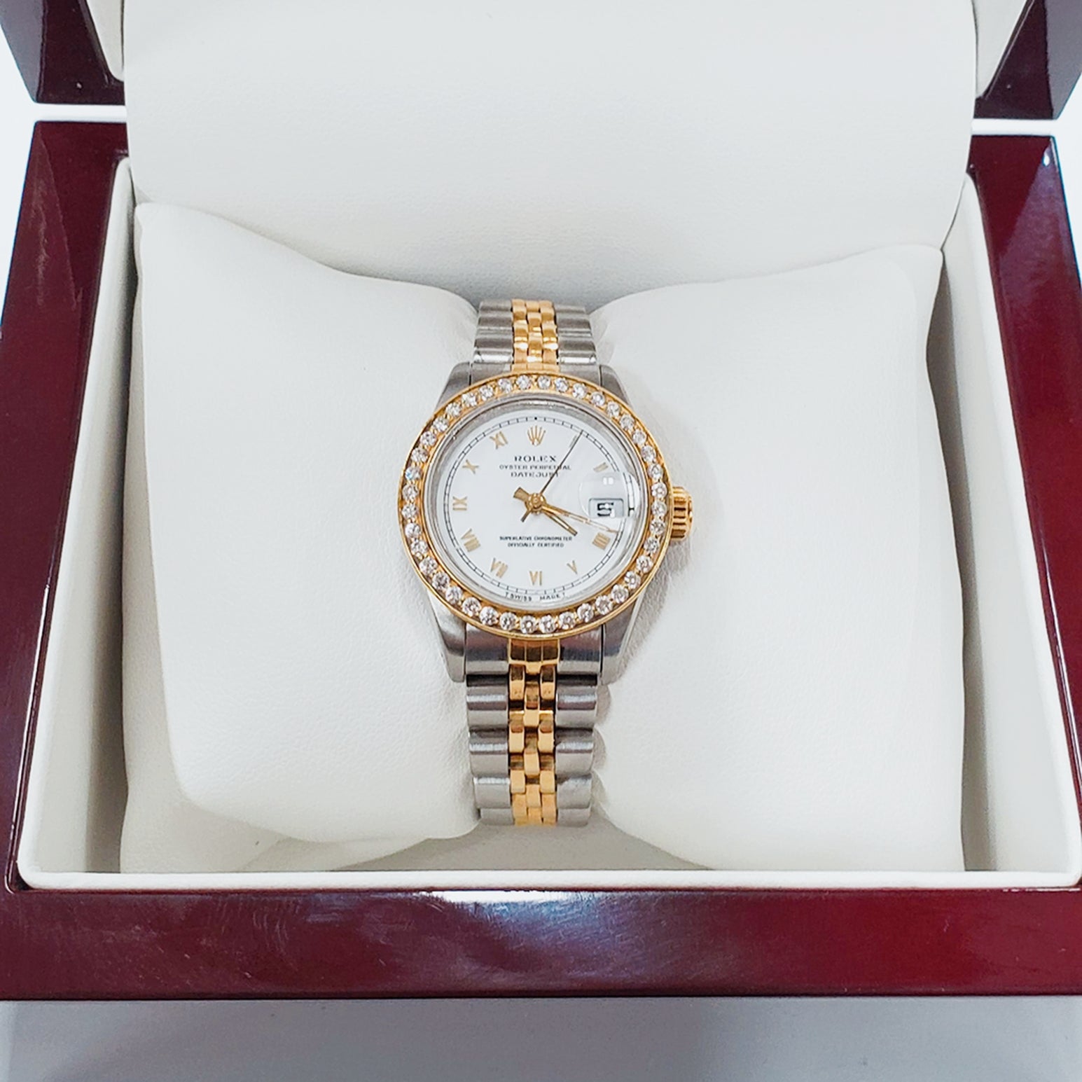 Ladies Rolex 18K Gold Two Tone 26mm DateJust Watch with Roman Numerals, White Dial and Diamond Bezel. (Pre-Owned)