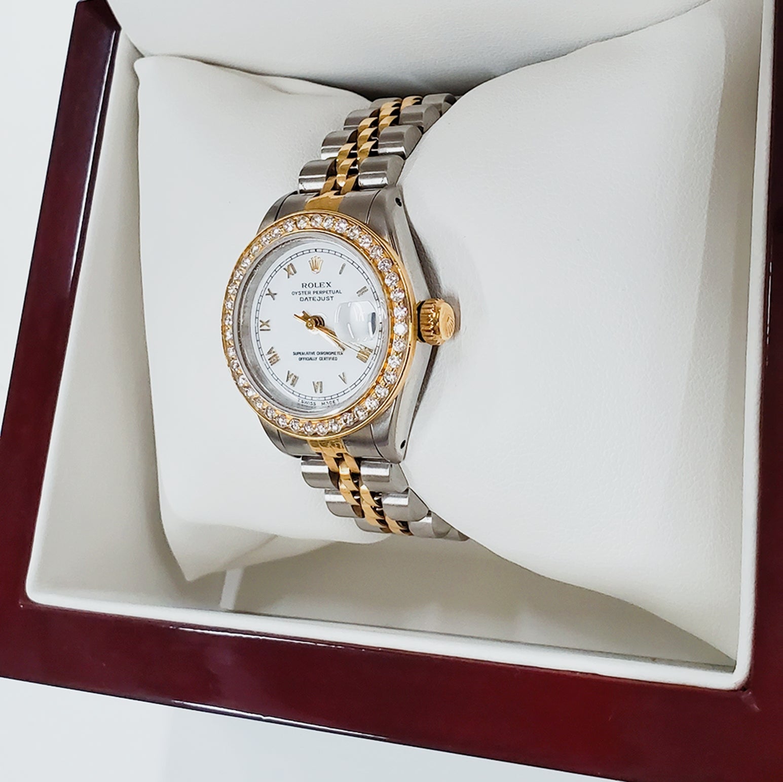 Ladies Rolex 18K Gold Two Tone 26mm DateJust Watch with Roman Numerals, White Dial and Diamond Bezel. (Pre-Owned)