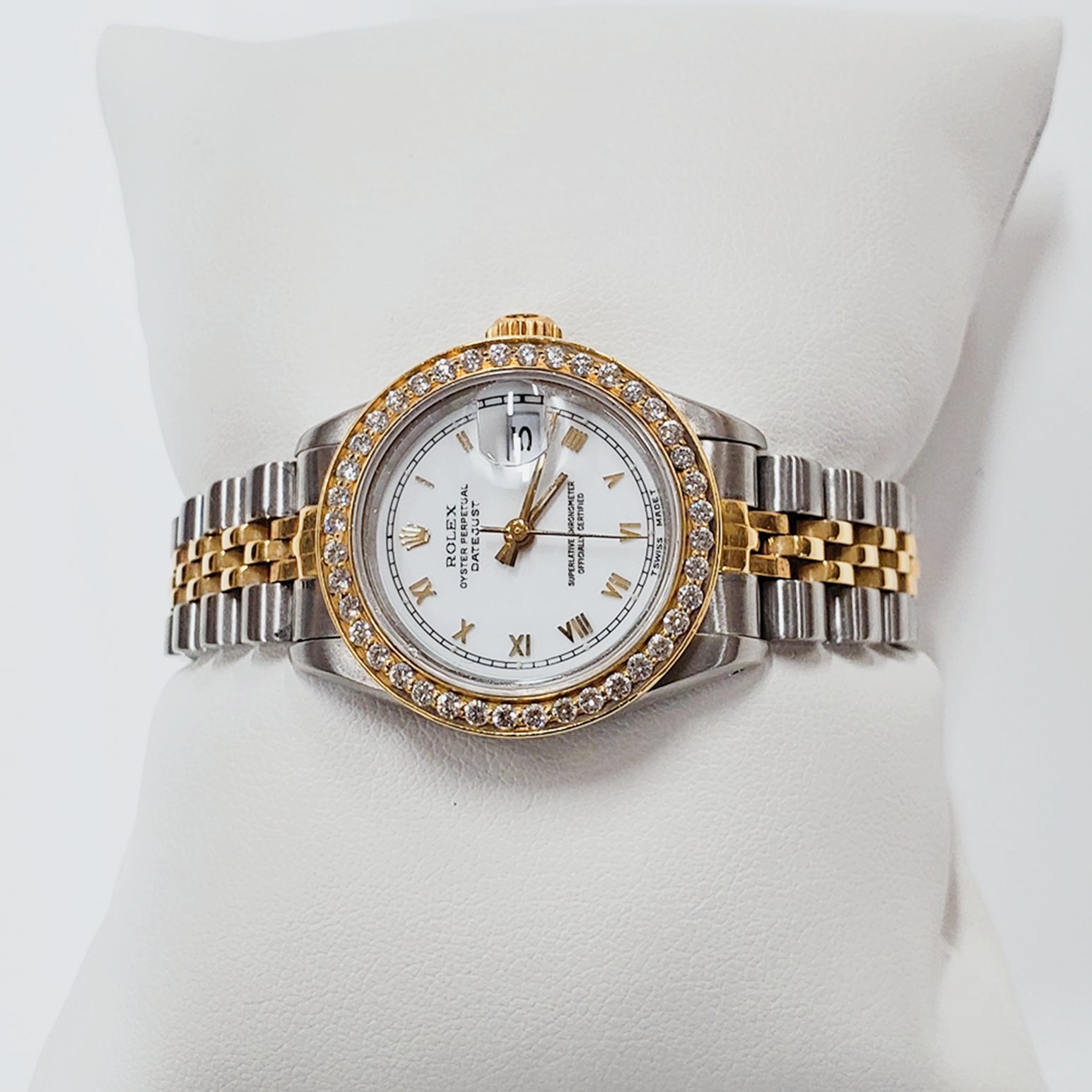 Ladies Rolex 18K Gold Two Tone 26mm DateJust Watch with Roman Numerals, White Dial and Diamond Bezel. (Pre-Owned)