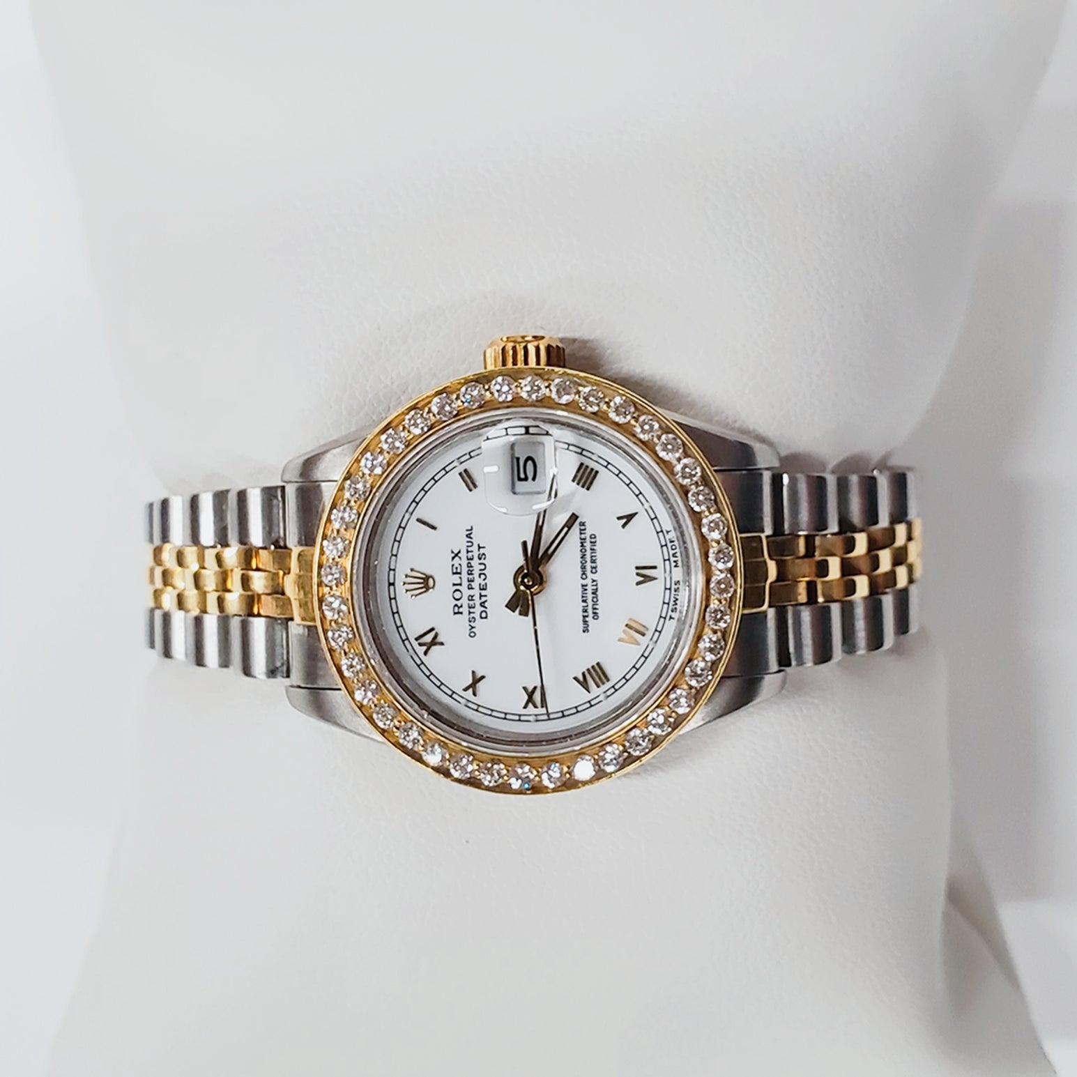 Ladies Rolex 18K Gold Two Tone 26mm DateJust Watch with Roman Numerals, White Dial and Diamond Bezel. (Pre-Owned)