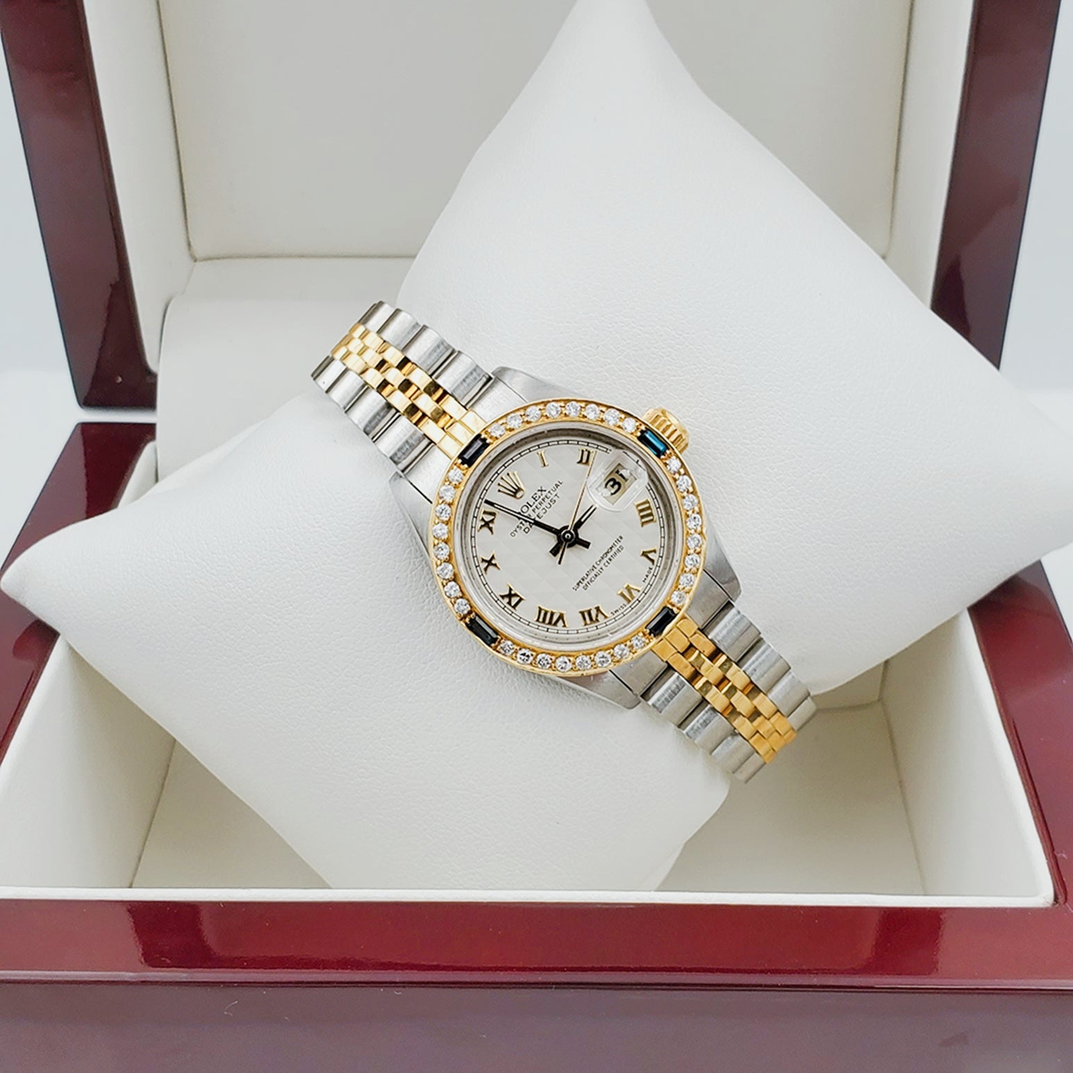 Ladies Rolex 18K Gold Two Tone 26mm DateJust Watch with Roman Numerals, Off-White Dial and Sapphire Diamond Bezel. (Pre-Owned)