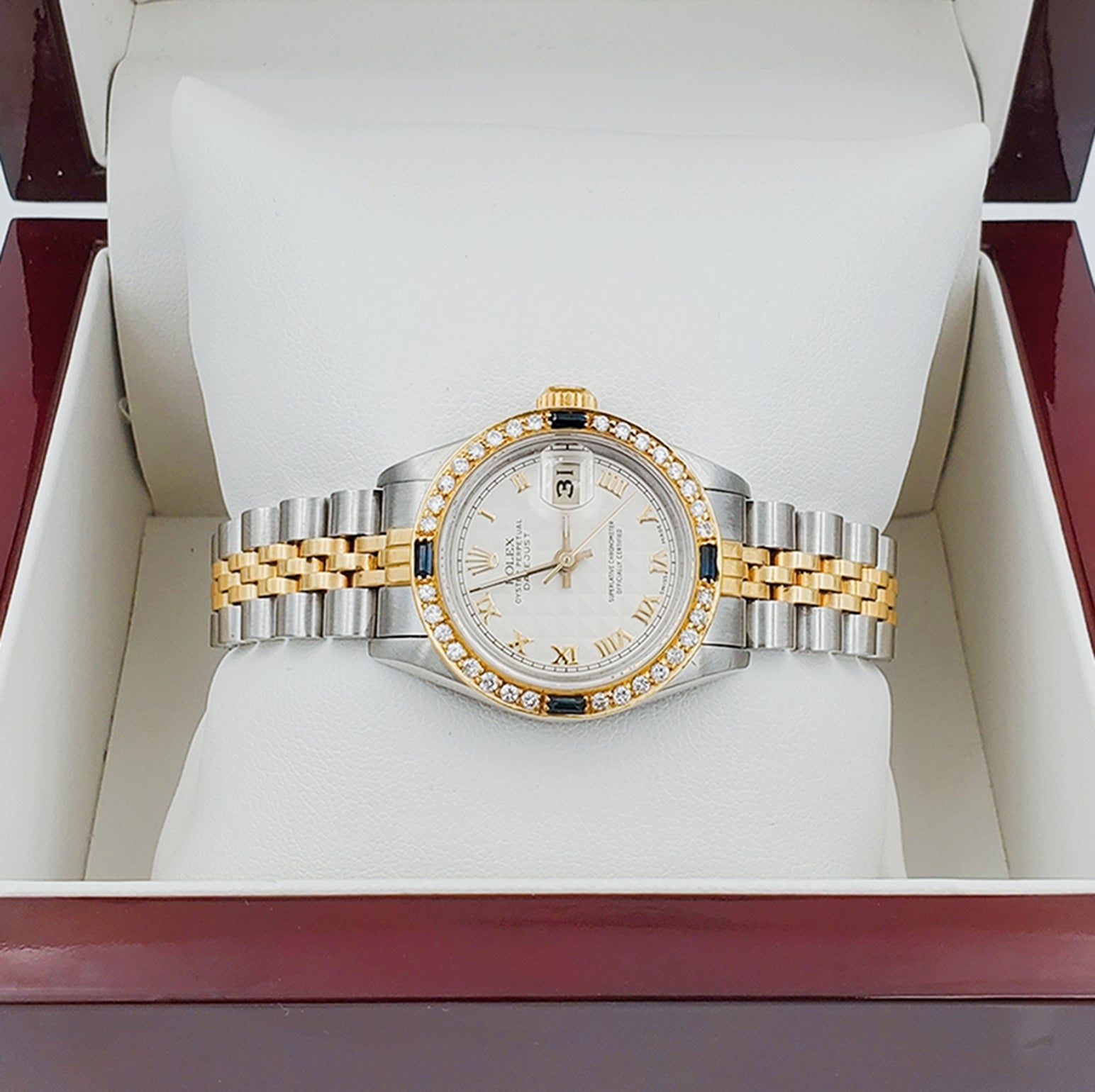 Ladies Rolex 18K Gold Two Tone 26mm DateJust Watch with Roman Numerals, Off-White Dial and Sapphire Diamond Bezel. (Pre-Owned)