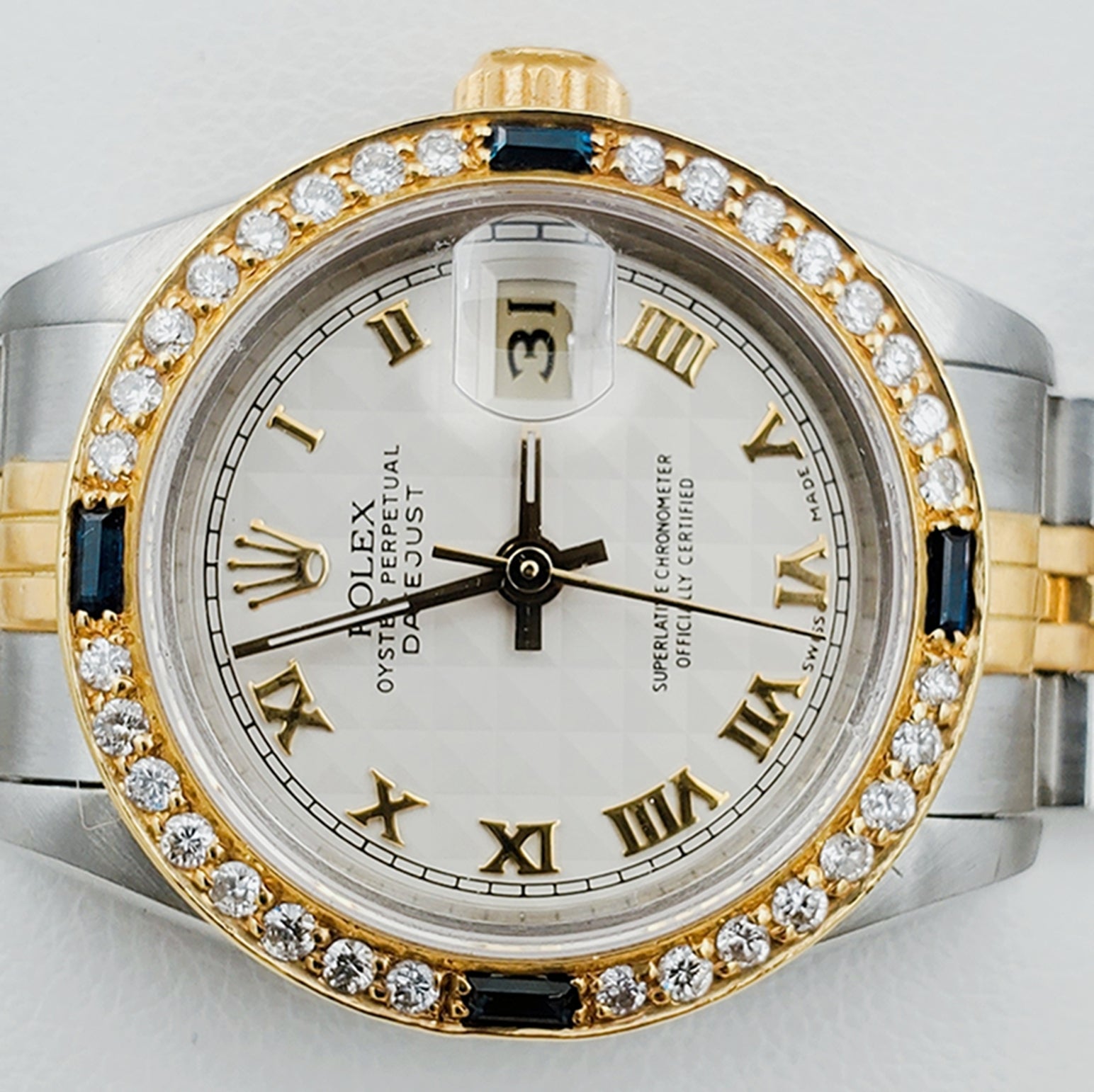 Ladies Rolex 18K Gold Two Tone 26mm DateJust Watch with Roman Numerals, Off-White Dial and Sapphire Diamond Bezel. (Pre-Owned)