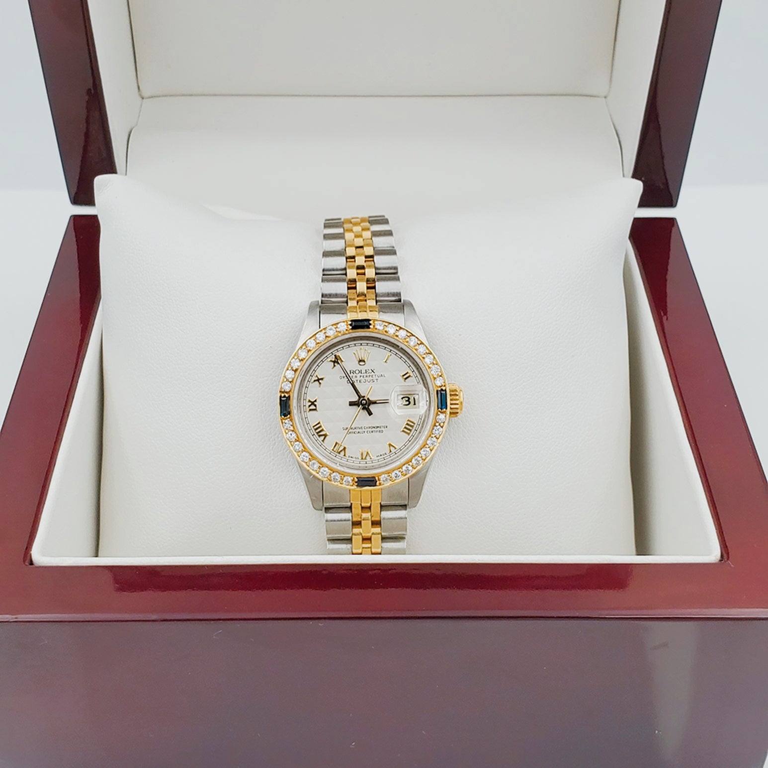 Ladies Rolex 18K Gold Two Tone 26mm DateJust Watch with Roman Numerals, Off-White Dial and Sapphire Diamond Bezel. (Pre-Owned)