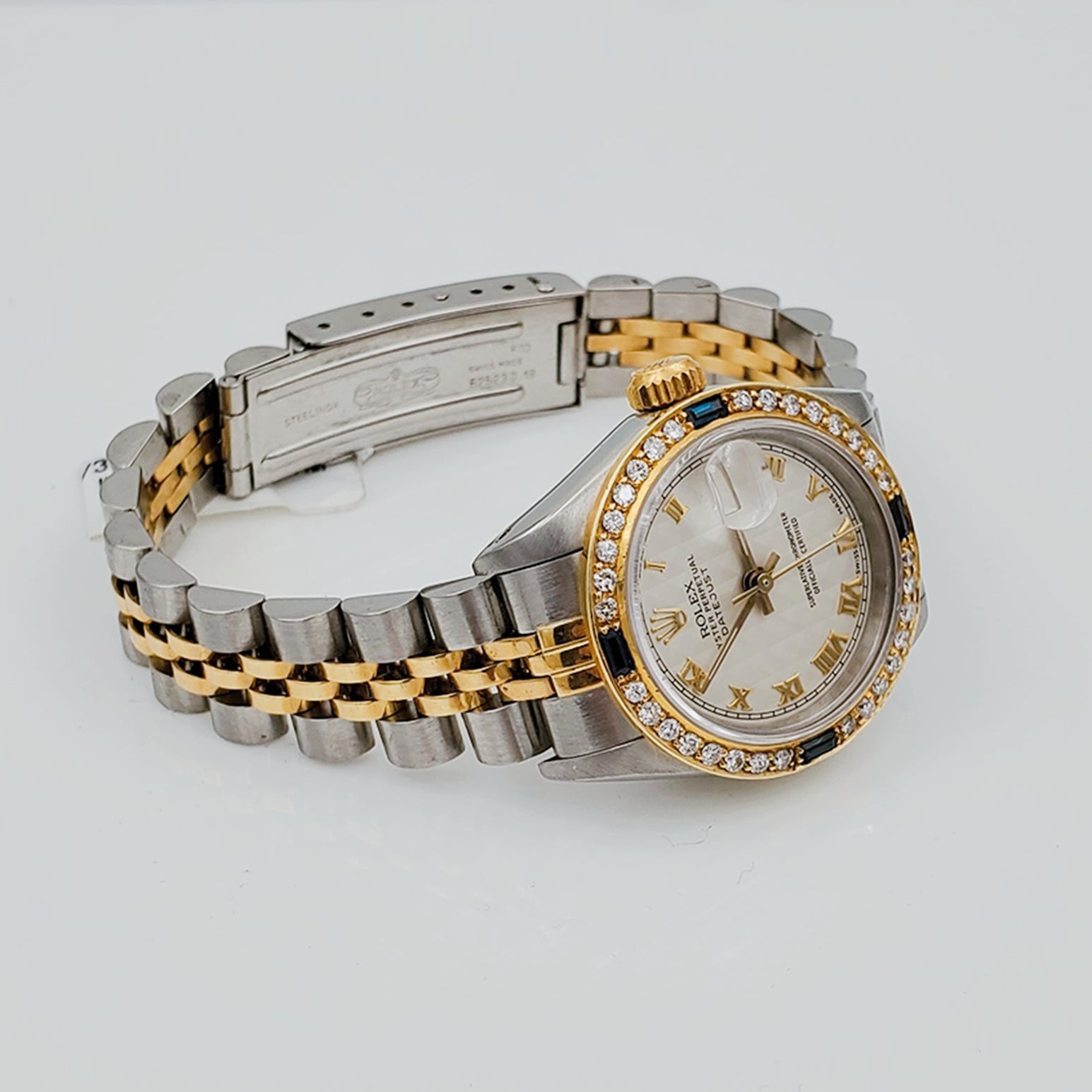 Ladies Rolex 18K Gold Two Tone 26mm DateJust Watch with Roman Numerals, Off-White Dial and Sapphire Diamond Bezel. (Pre-Owned)