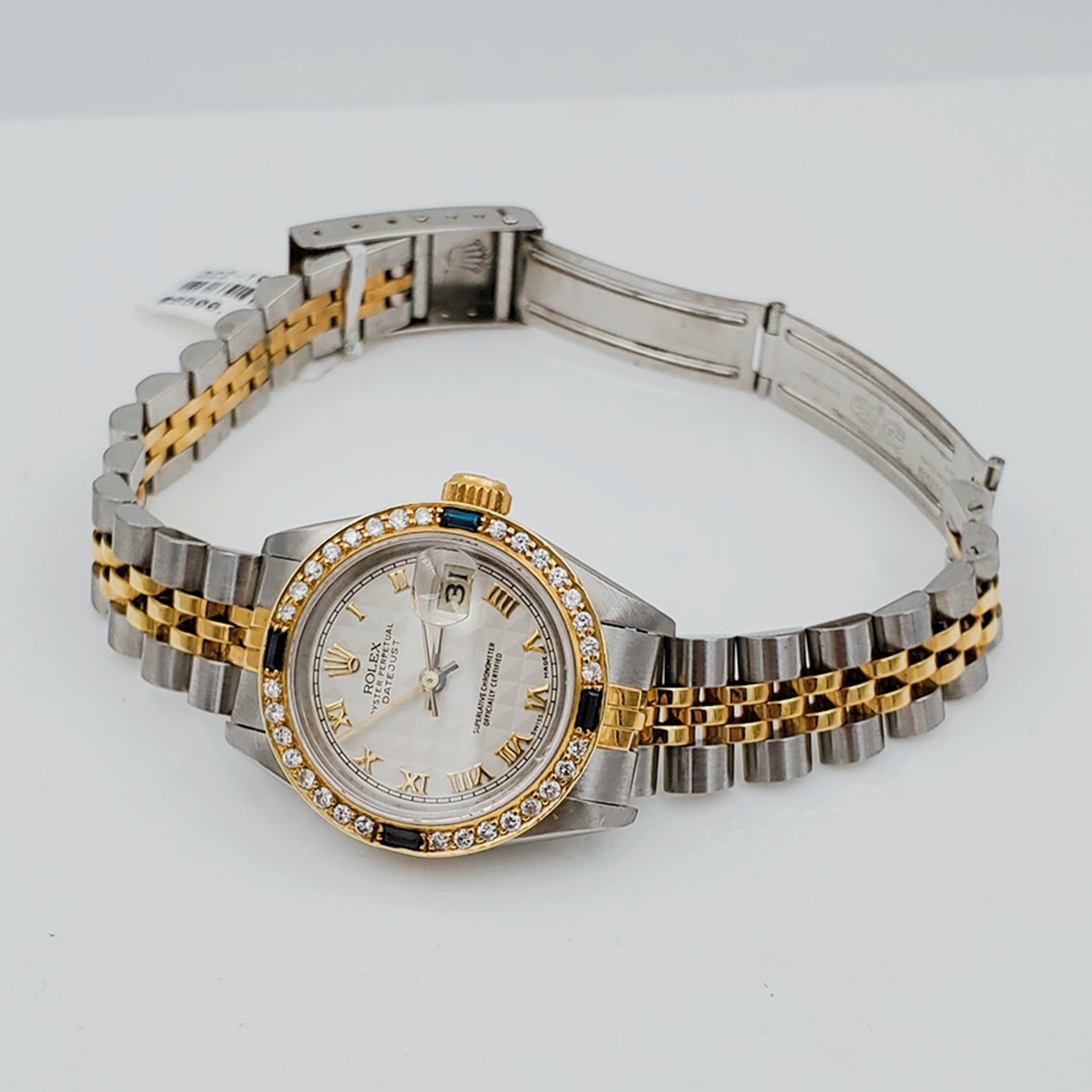 Ladies Rolex 18K Gold Two Tone 26mm DateJust Watch with Roman Numerals, Off-White Dial and Sapphire Diamond Bezel. (Pre-Owned)