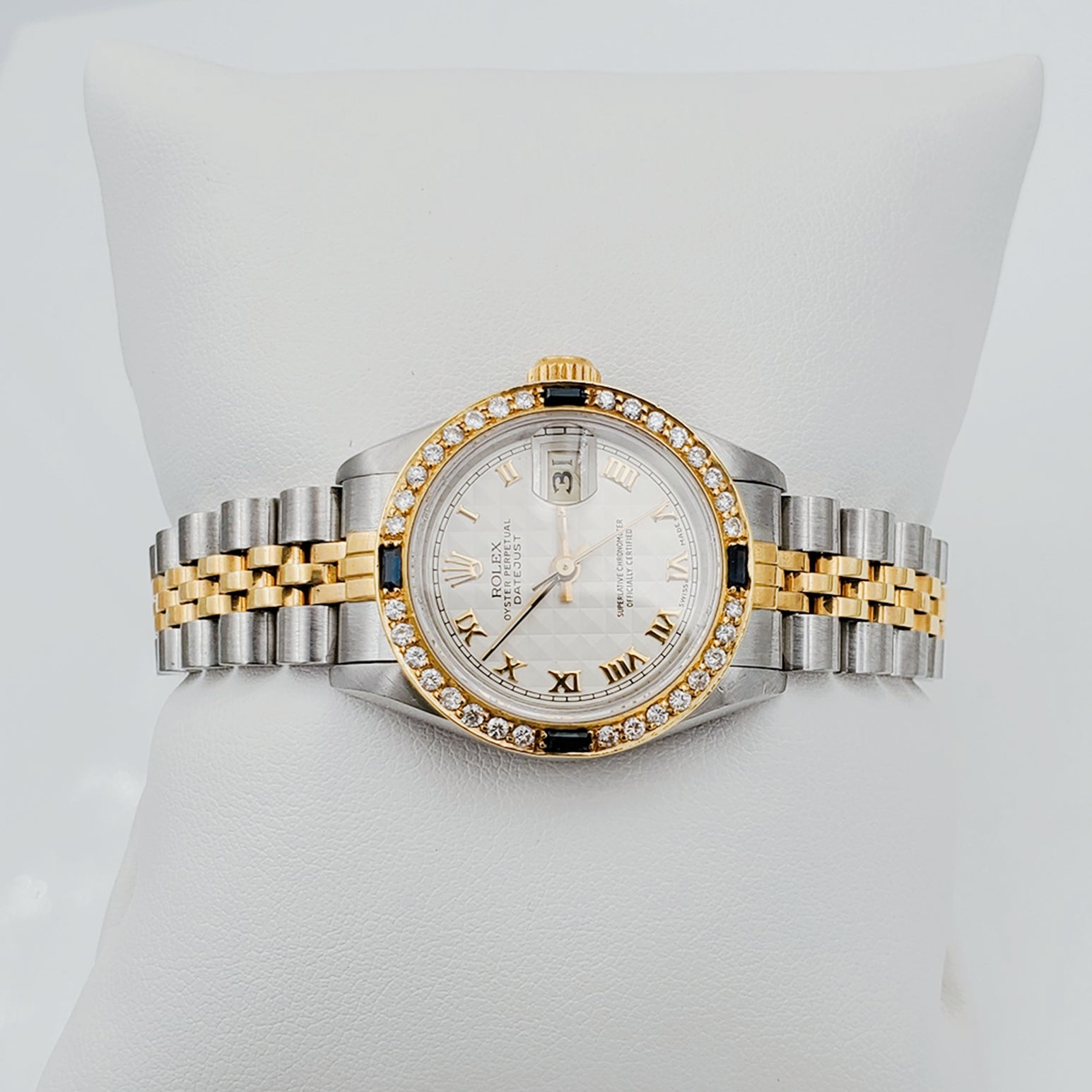 Ladies Rolex 18K Gold Two Tone 26mm DateJust Watch with Roman Numerals, Off-White Dial and Sapphire Diamond Bezel. (Pre-Owned)