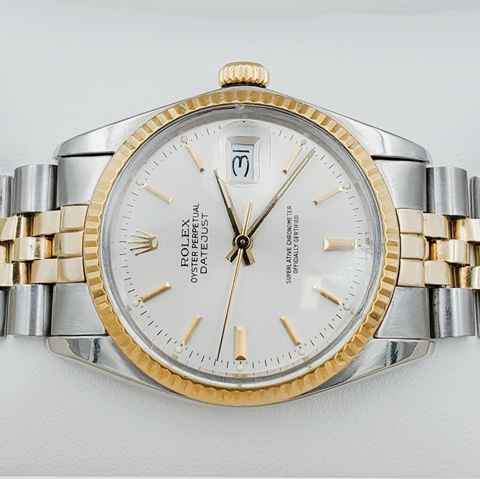 Men's Rolex 36mm DateJust 18k Gold / Stainless Steel Two Tone Watch with Silver Dial and Fluted Bezel. (Pre-Owned 16233)