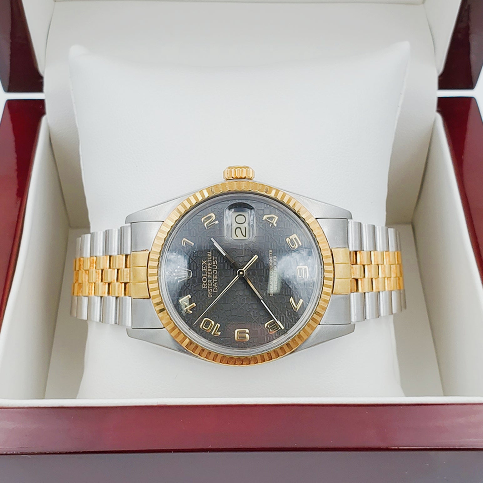 Men's Rolex 36mm DateJust 18k Gold / Stainless Steel Two Tone Watch with Gray/Black Dial and Fluted Bezel. (Pre-Owned)