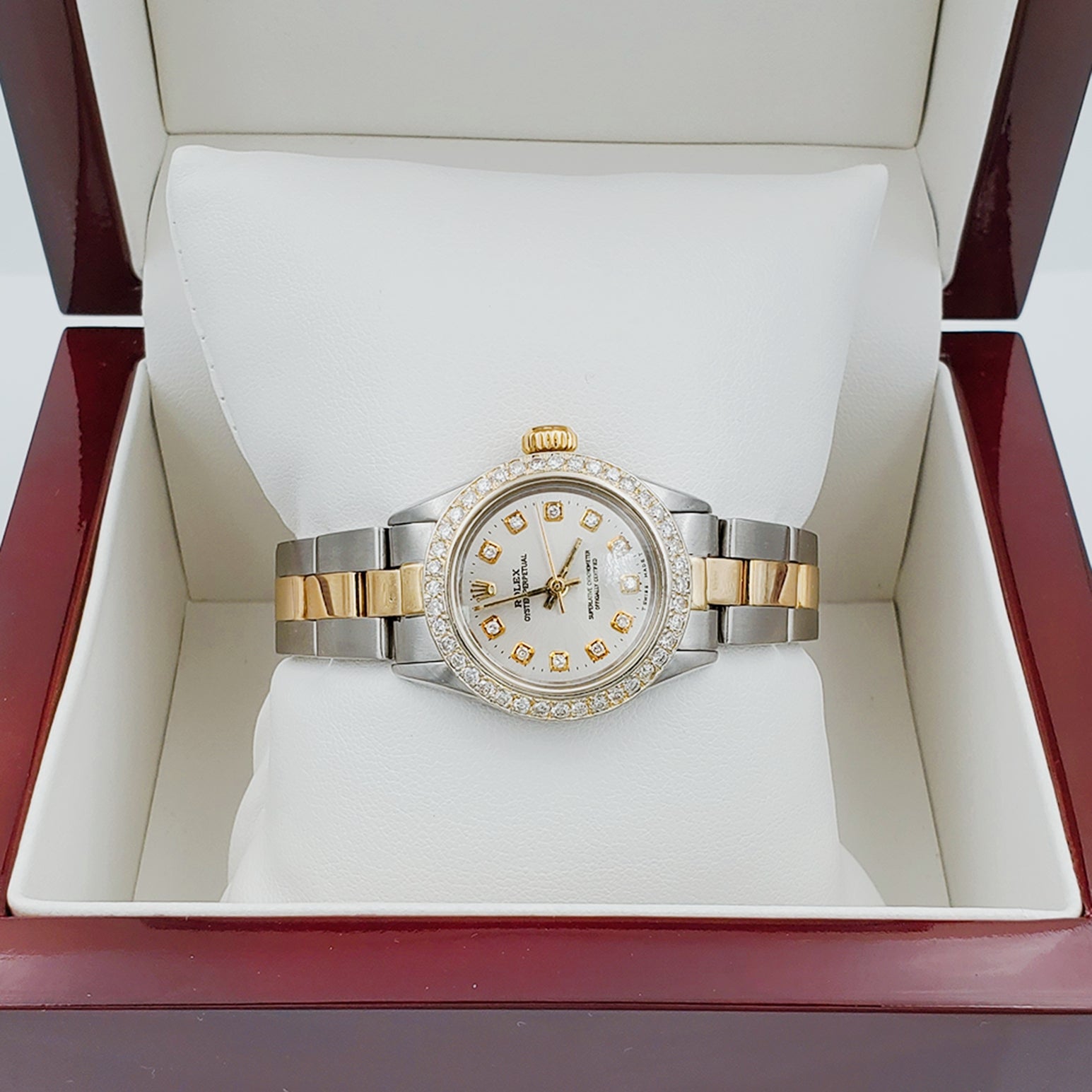 Ladies Rolex 26mm DateJust 18K Two Tone Watch with Silver Diamond Dial and Custom Diamond Bezel. (Pre-Owned)