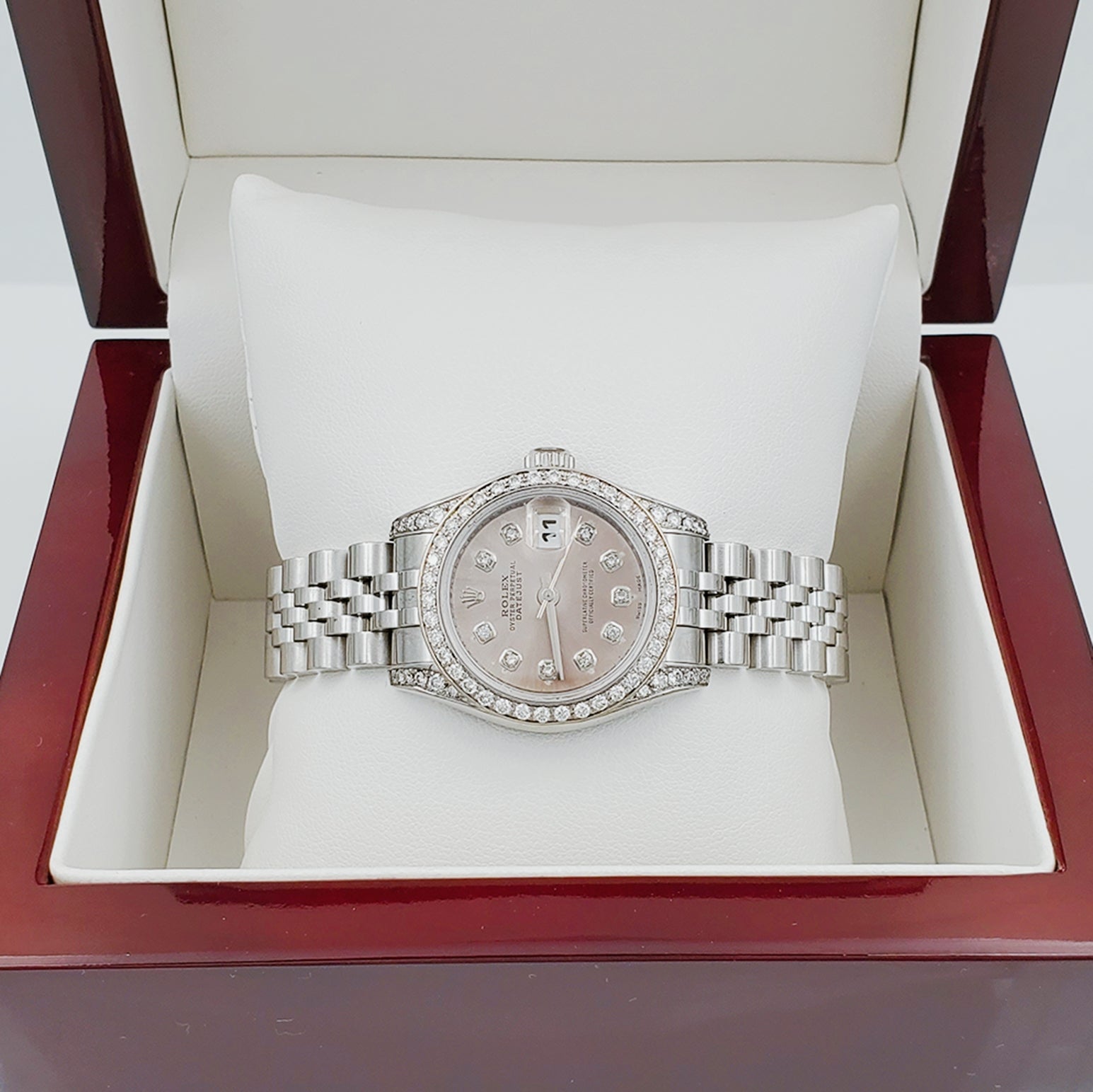 Ladies Rolex 26mm DateJust Stainless Steel Watch with Gray Diamond Dial and Custom Diamond Bezel. (Pre-Owned)